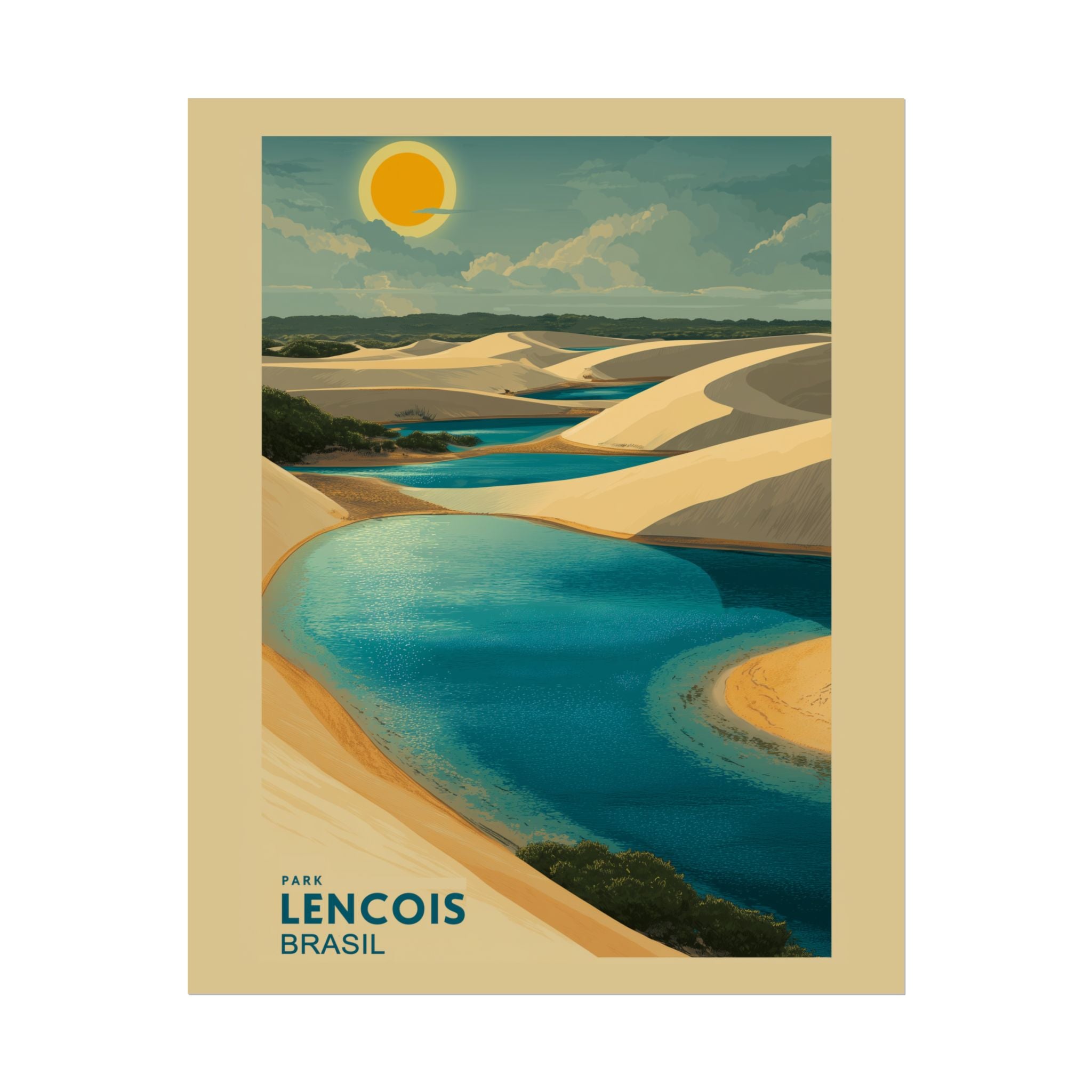 Lençois Park Dreamscape: Golden Dunes and Turquoise Waters, Vintage Travel Poster Panorama   |    Custom Orders Available