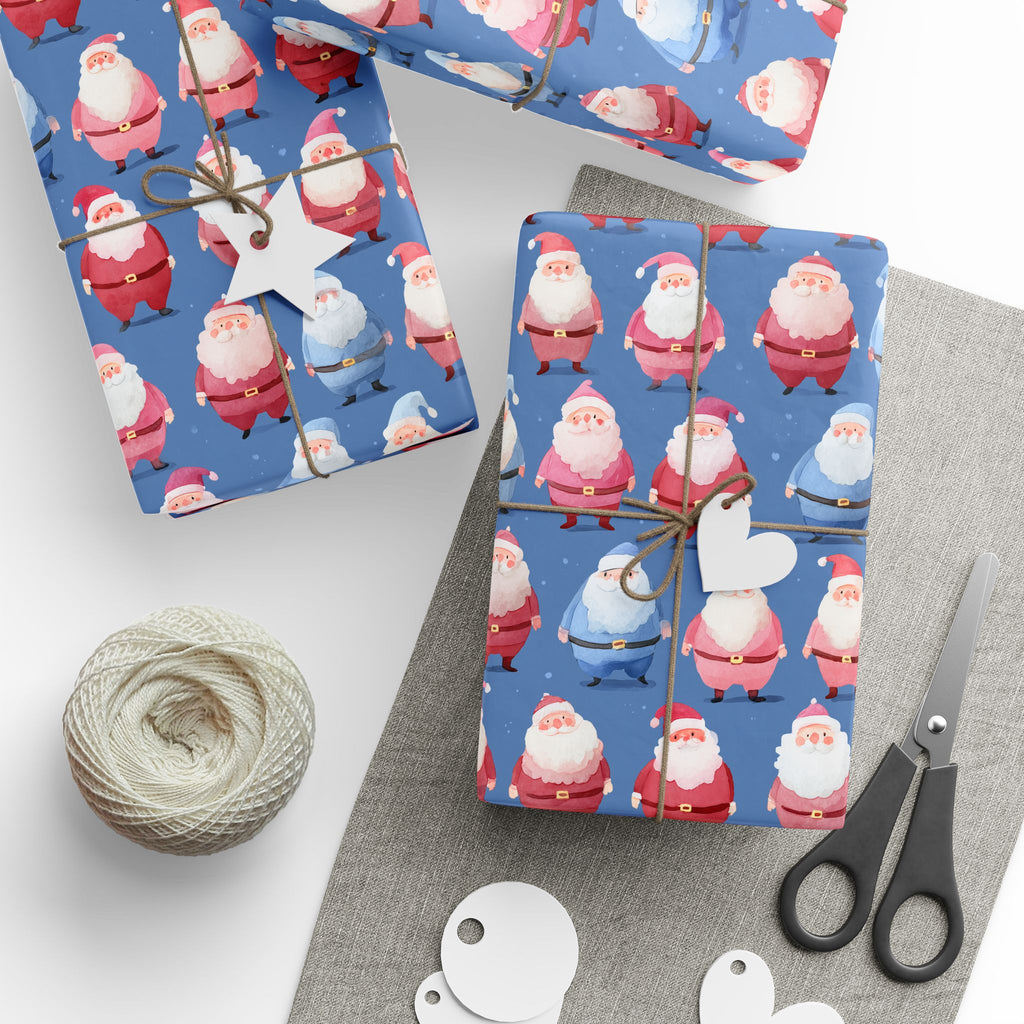 Santa Pattern Wrapping Paper Roll — Festive Blue Christmas Gift Wrap