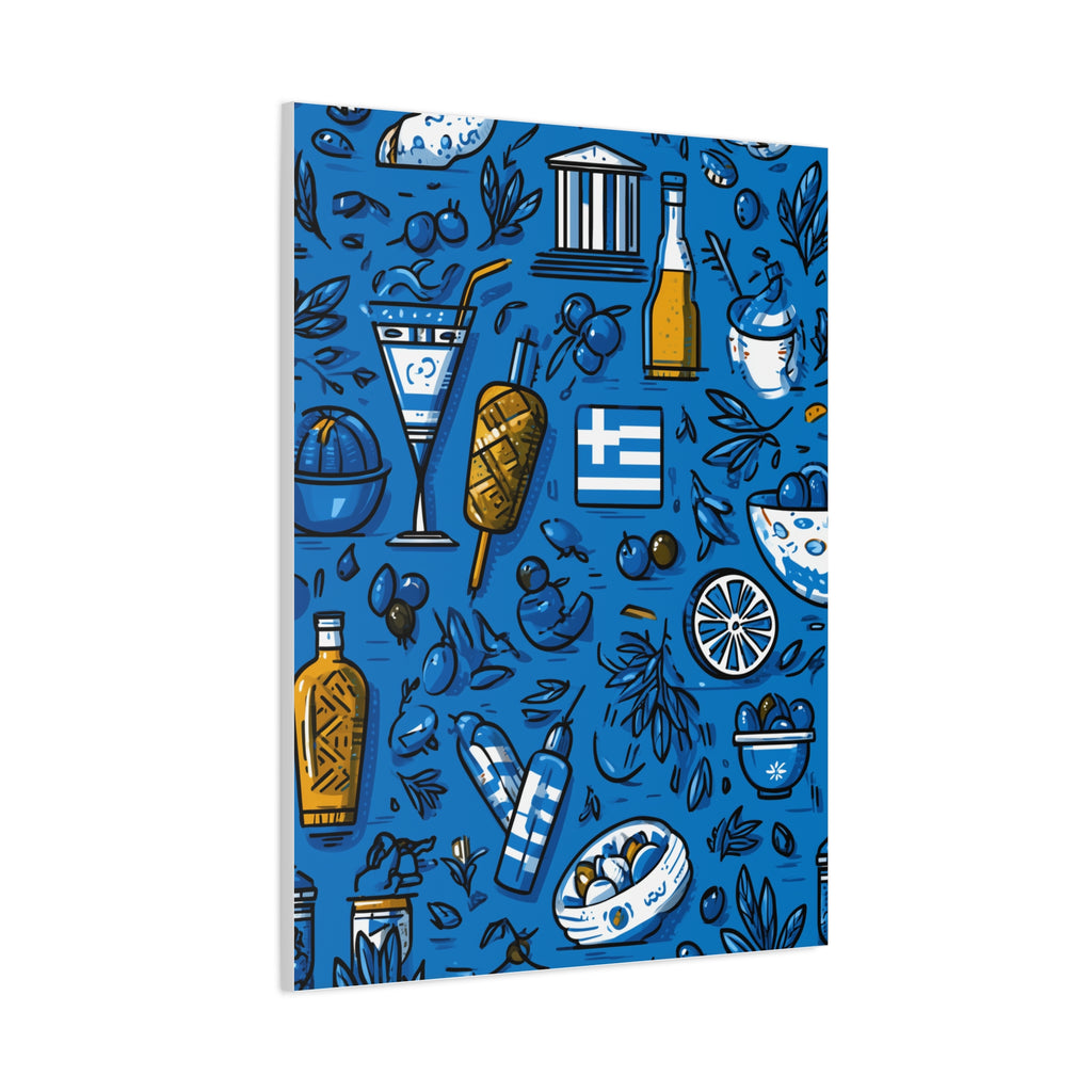 Vibrant Canvas Wall Art, Blue Mediterranean Theme, Kitchen Decor, Greek Party Decor, Olive and Drink Motif