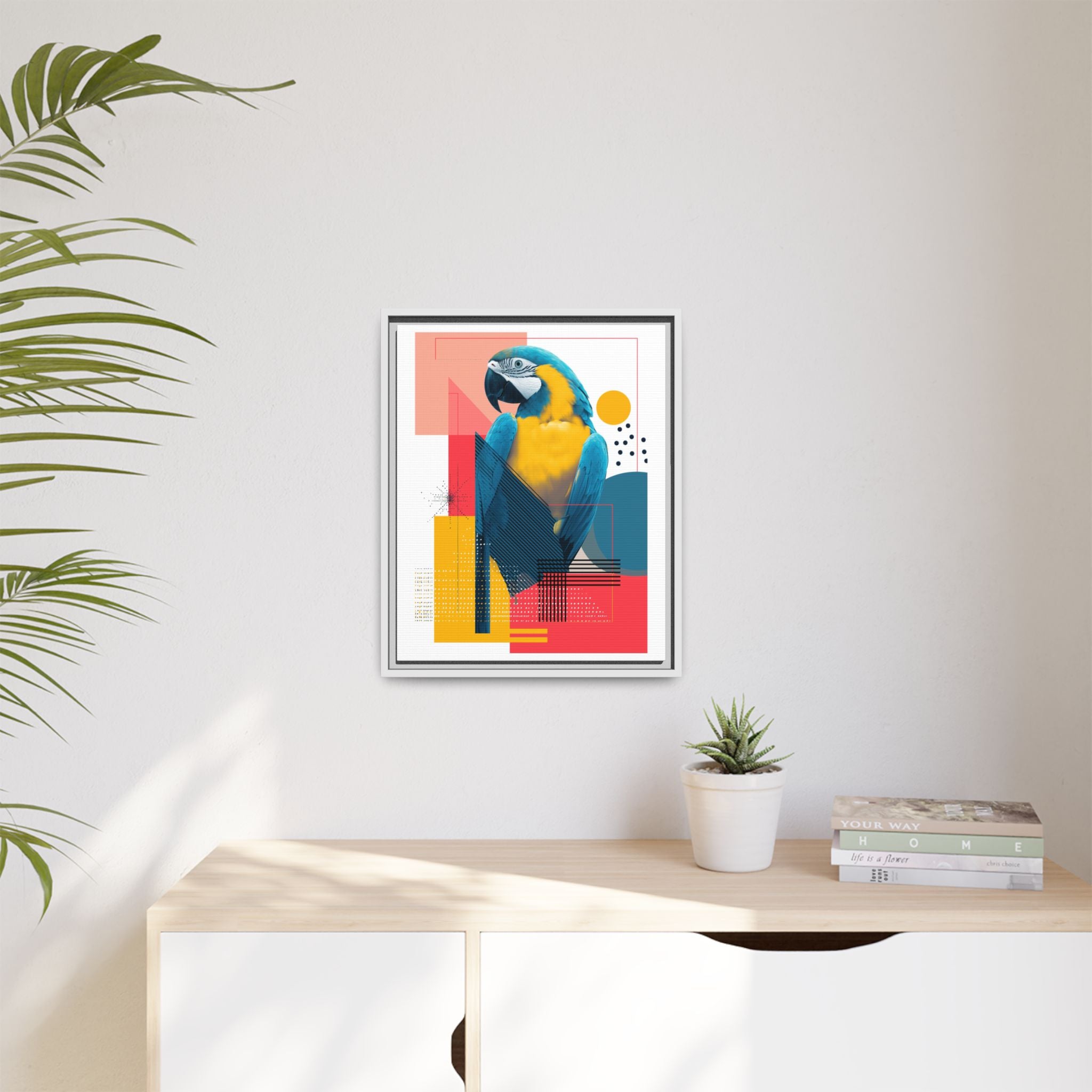 Prismatic Parrot Framed Print: Blue and Yellow Macaw in Geometric Space, Digital Art Composition   |  Personalized & Custom Orders Available
