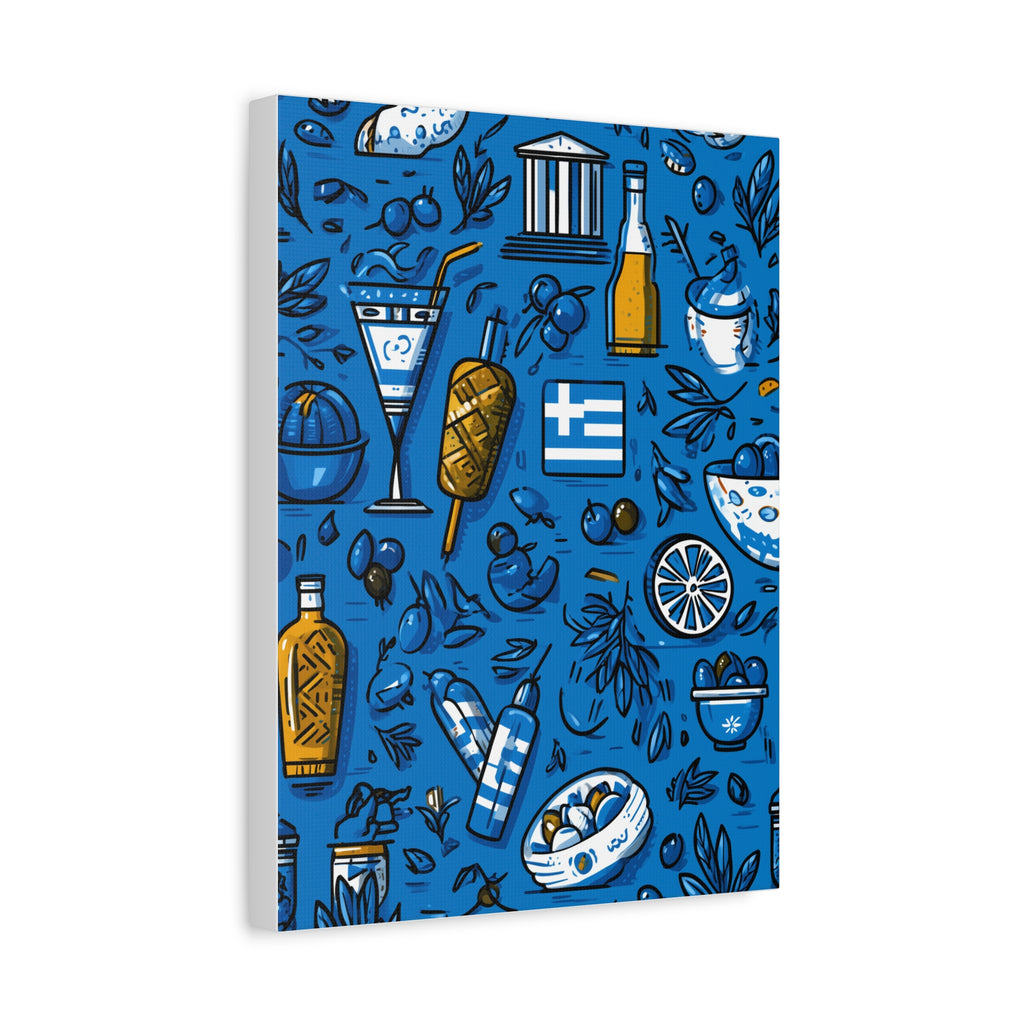 Vibrant Canvas Wall Art, Blue Mediterranean Theme, Kitchen Decor, Greek Party Decor, Olive and Drink Motif