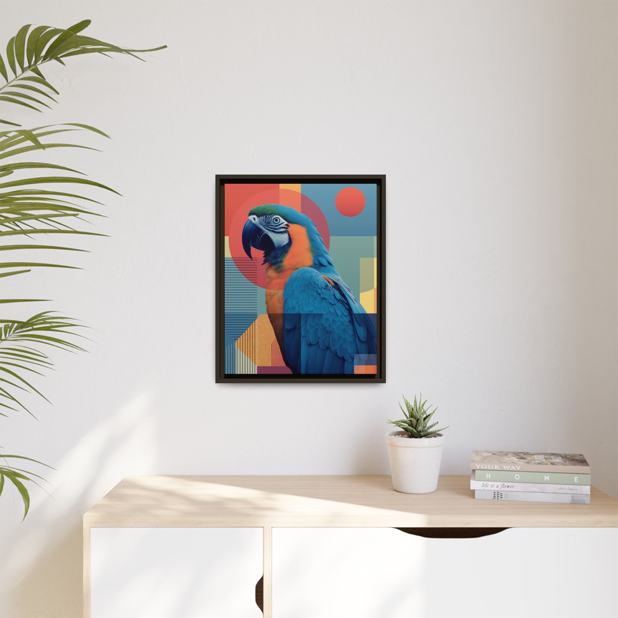 Macaw Geometric Framed Print : Mid-Century Modern Bird Art, Tropical Parrot Print   |  Personalized & Custom Orders Available