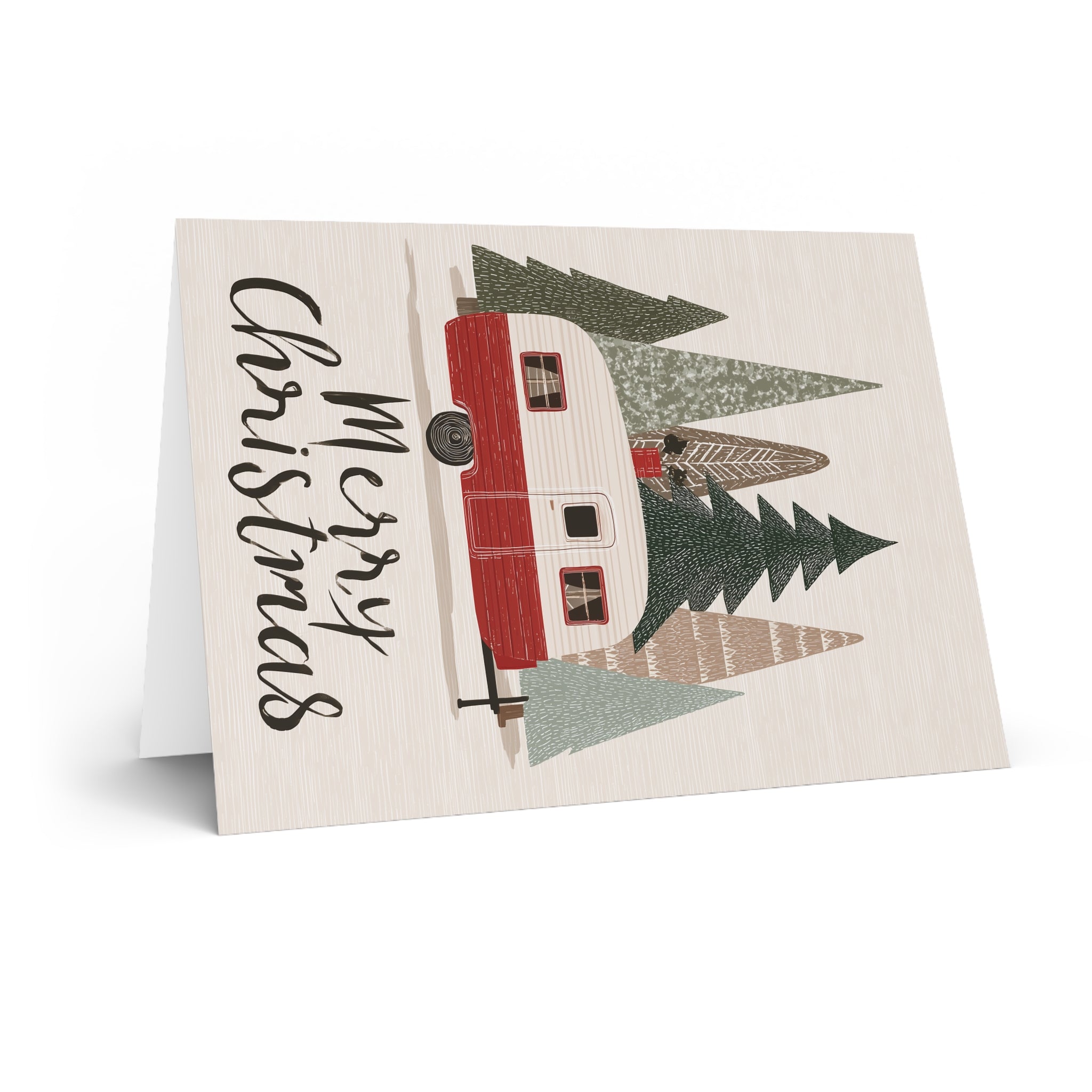 Camping Caravan Greeting Card — Retro Camper & Pine Trees Note Card