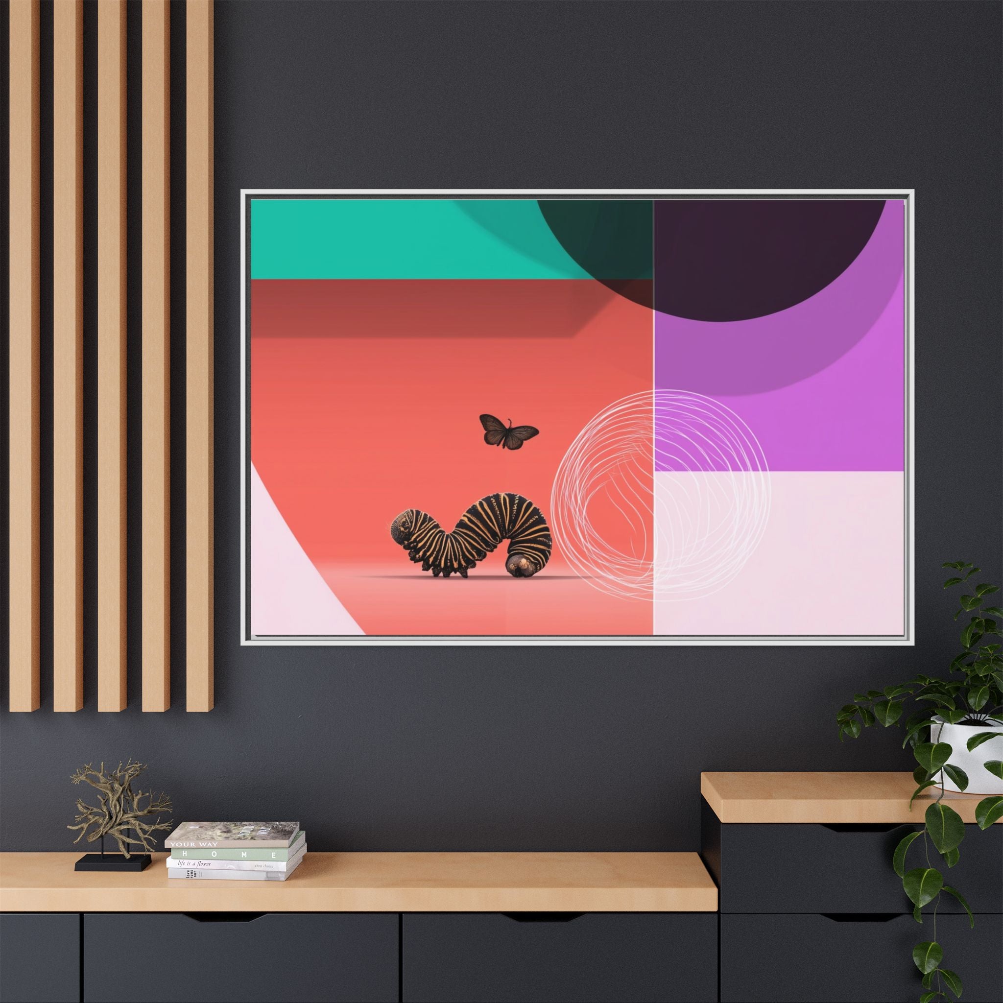 Striped Caterpillar and Butterfly Framed Print , Mid-Century Modern Color Blocks   |  Personalized & Custom Orders Available