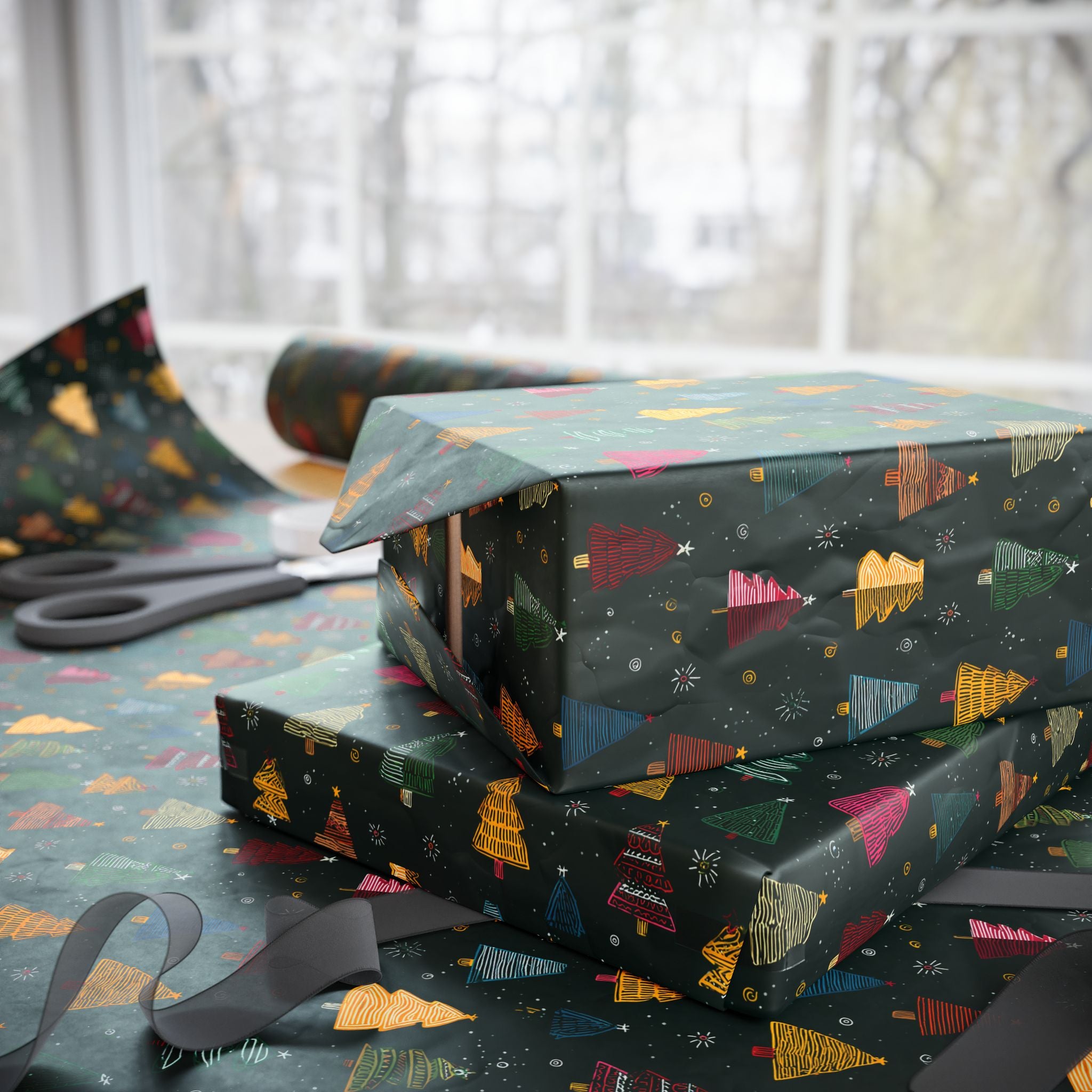 Christmas Tree Pattern Wrapping Paper — Festive Dark Green Holiday Gift Wrap