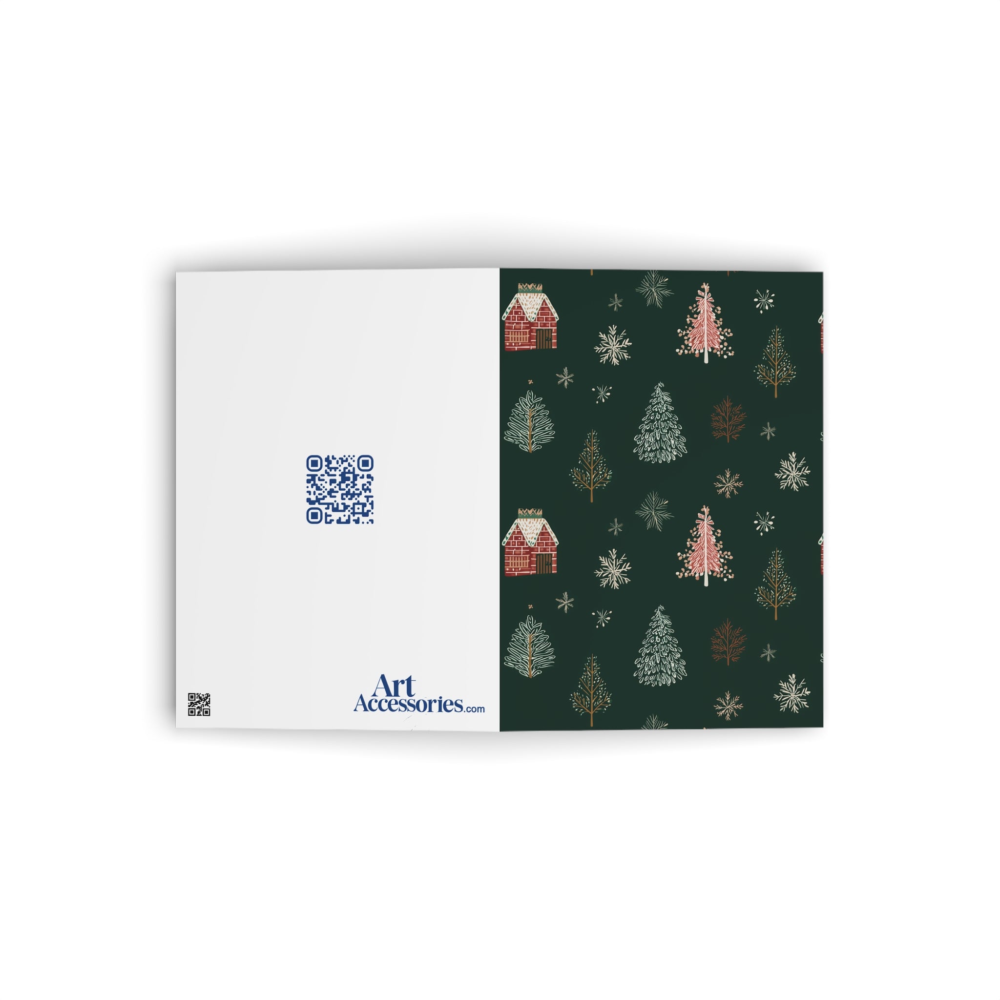 Holiday Tree Pattern Greeting Card — Festive Christmas Card with Cozy Cabin & Snowflakes