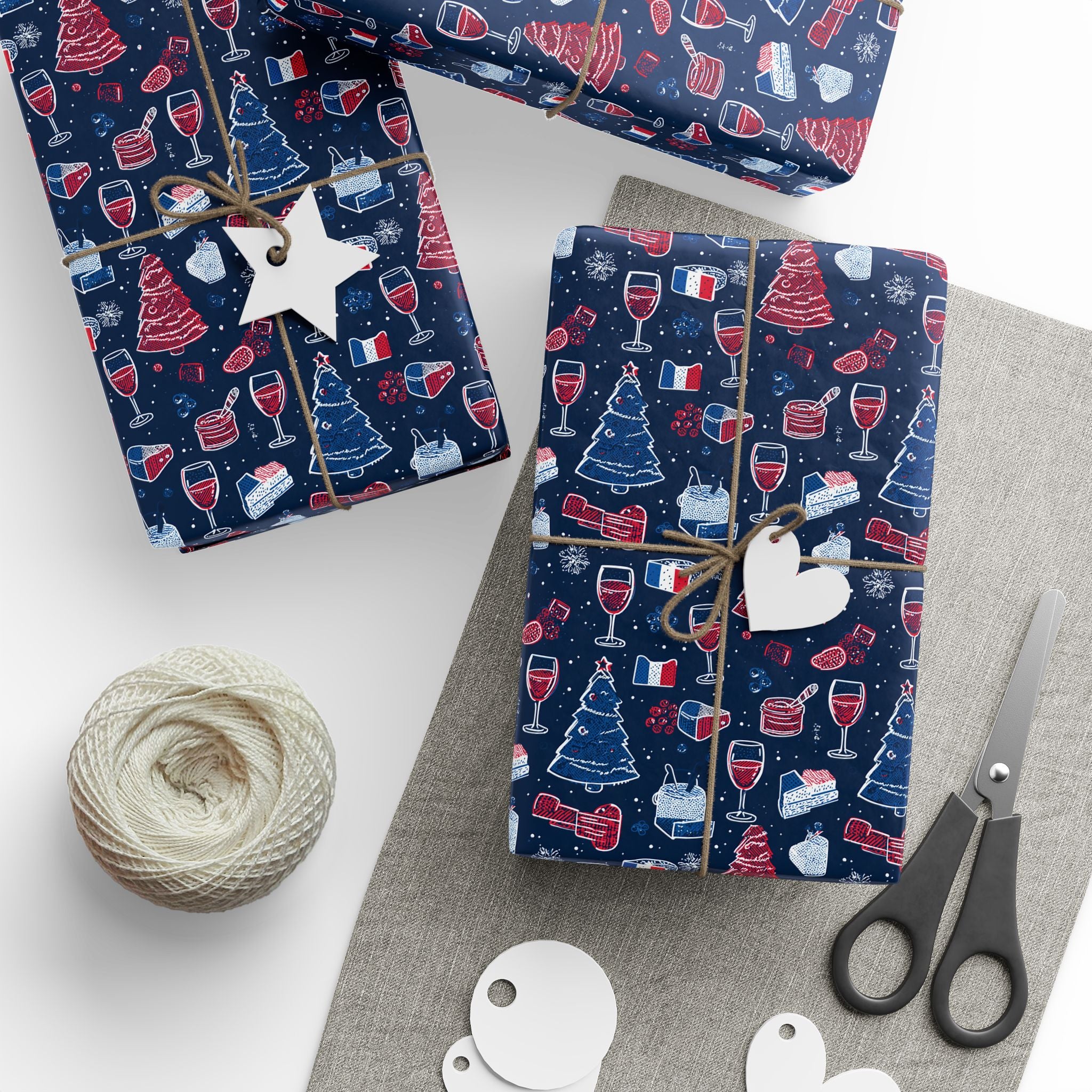 Wrapping Paper Roll French Themed— Festive Cozy Socks & Sweaters Pattern, Navy Holiday Gift Wrap