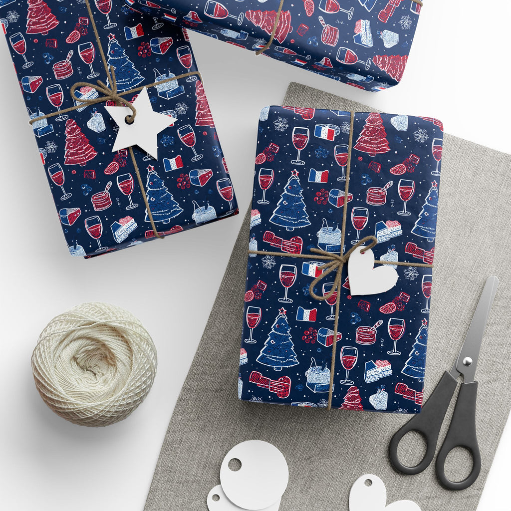 Wrapping Paper Roll French Themed— Festive Cozy Socks & Sweaters Pattern, Navy Holiday Gift Wrap
