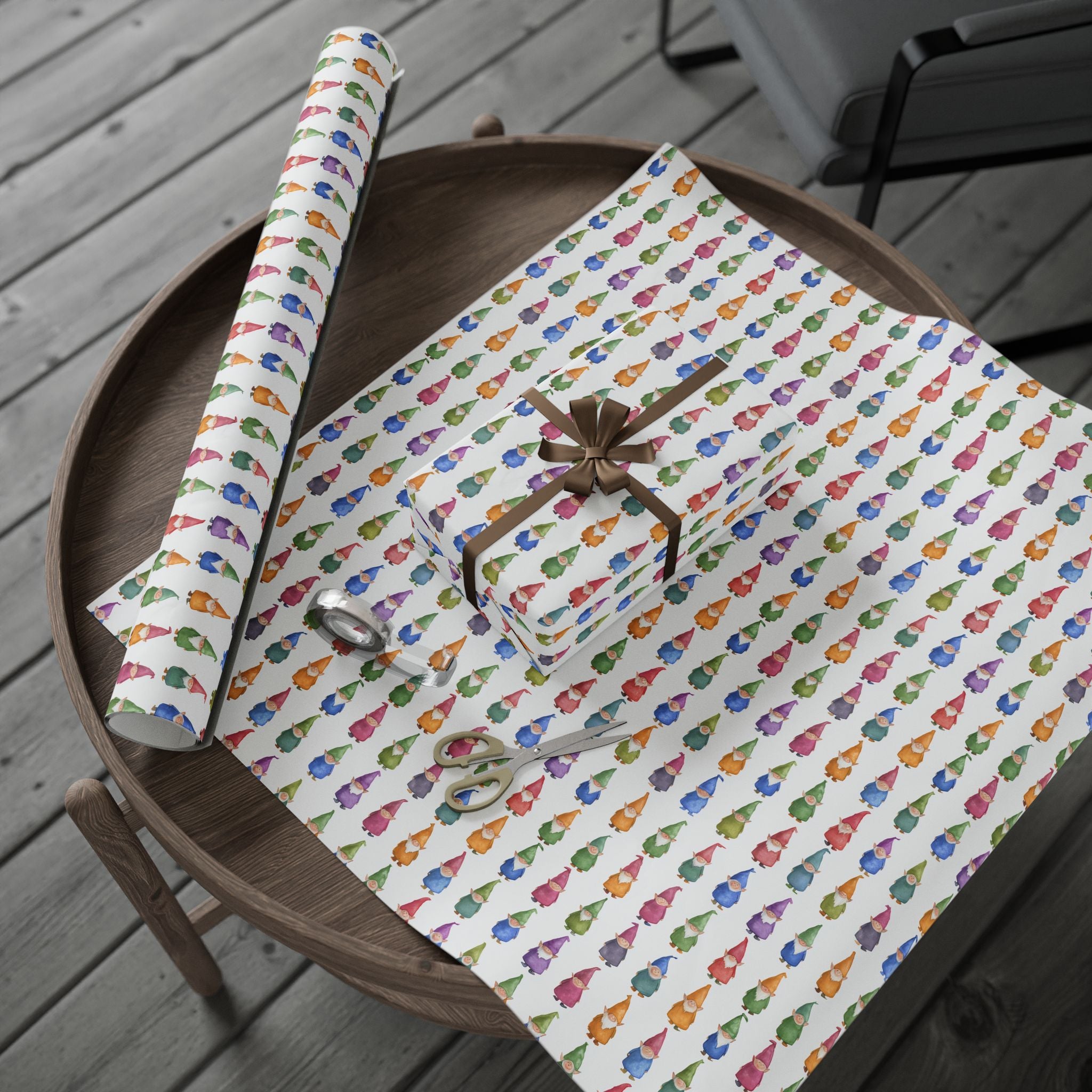 Gnome Pattern Wrapping Paper Roll – Colorful Scandinavian Gnomes Holiday Gift Wrap