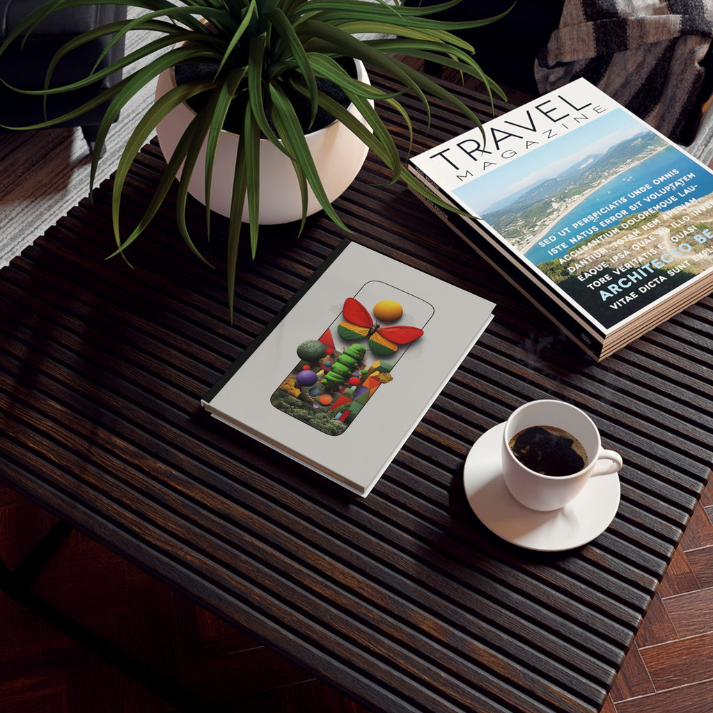 Digital Metamorphosis: Butterfly and Caterpillar in Geometric Landscape, Surreal Mobile Interface Art Personalized Journal   |