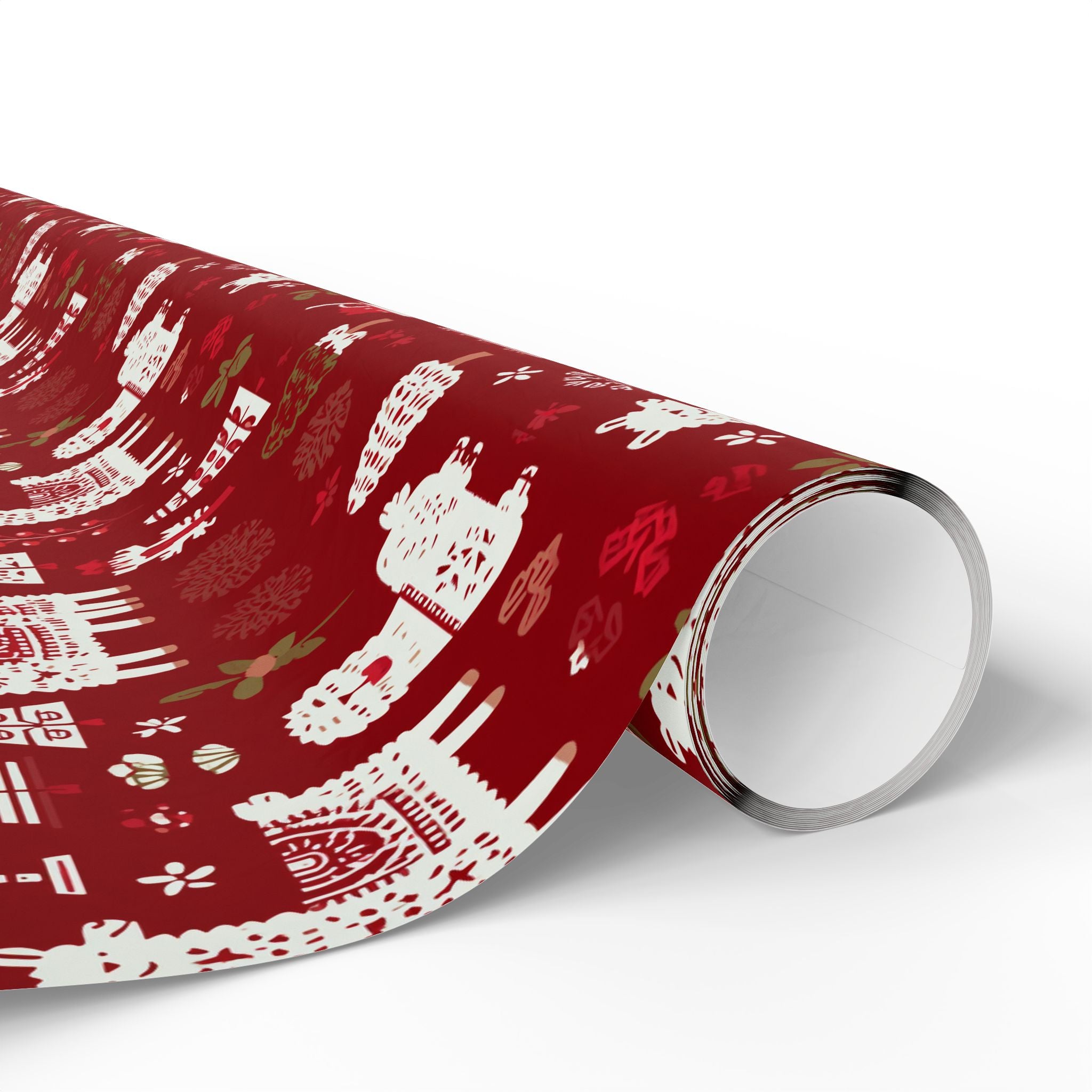 Christmas Wrapping Paper Roll — Red Nordic Reindeer & Tree Holiday Print