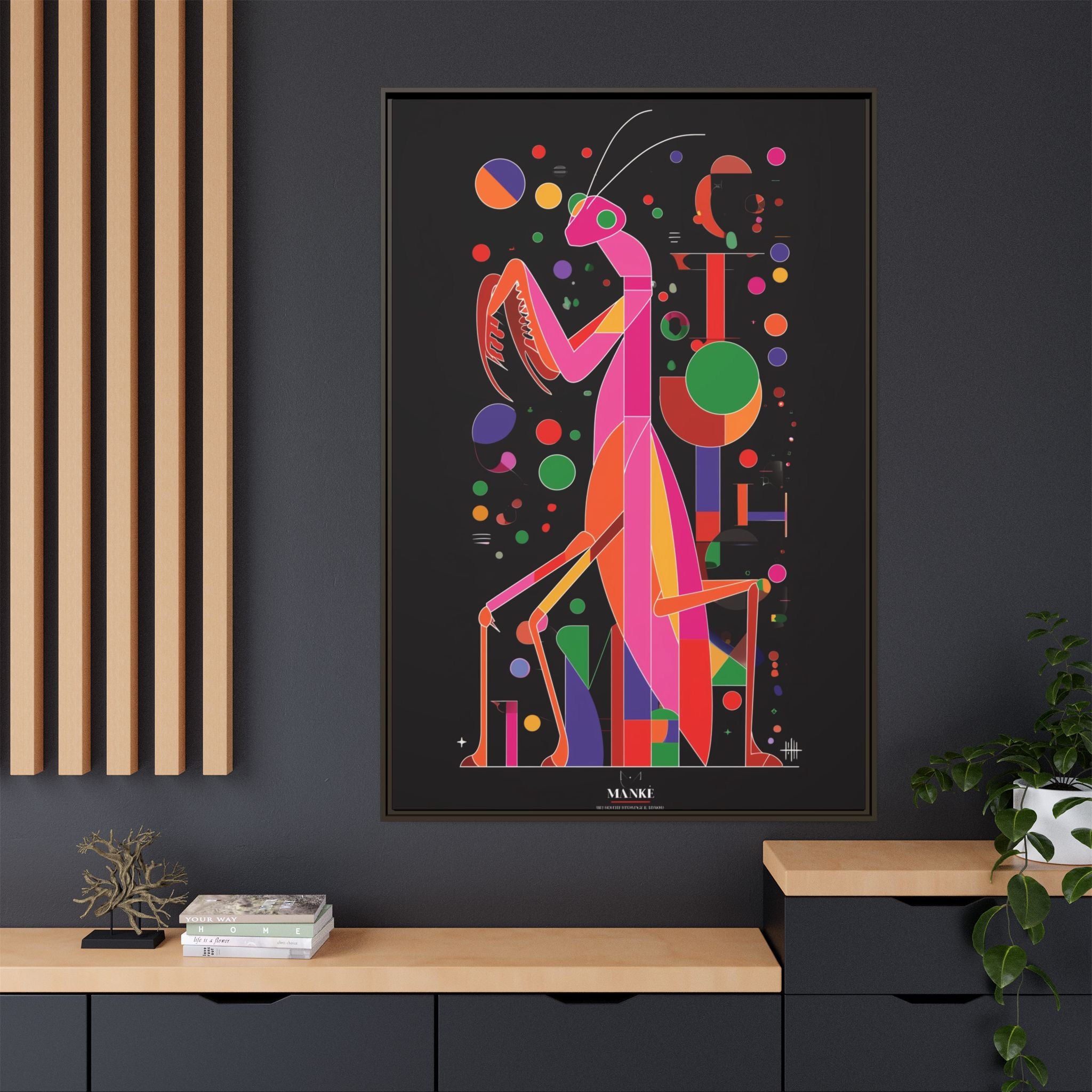 Mantis Geometrica Framed Print : Cubist Insect Design, Vibrant Graphic Poster Art   |   Custom Orders Available
