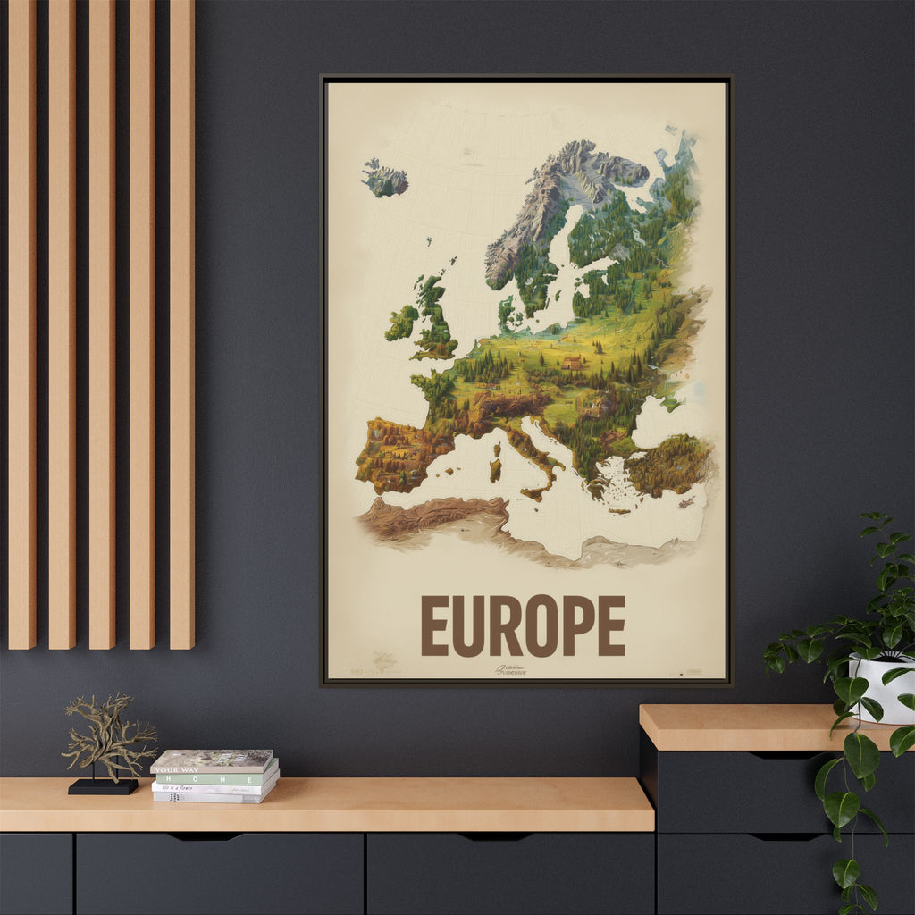 Framed Europe Map Canvas Print — Vintage Landscape Style Wall Art