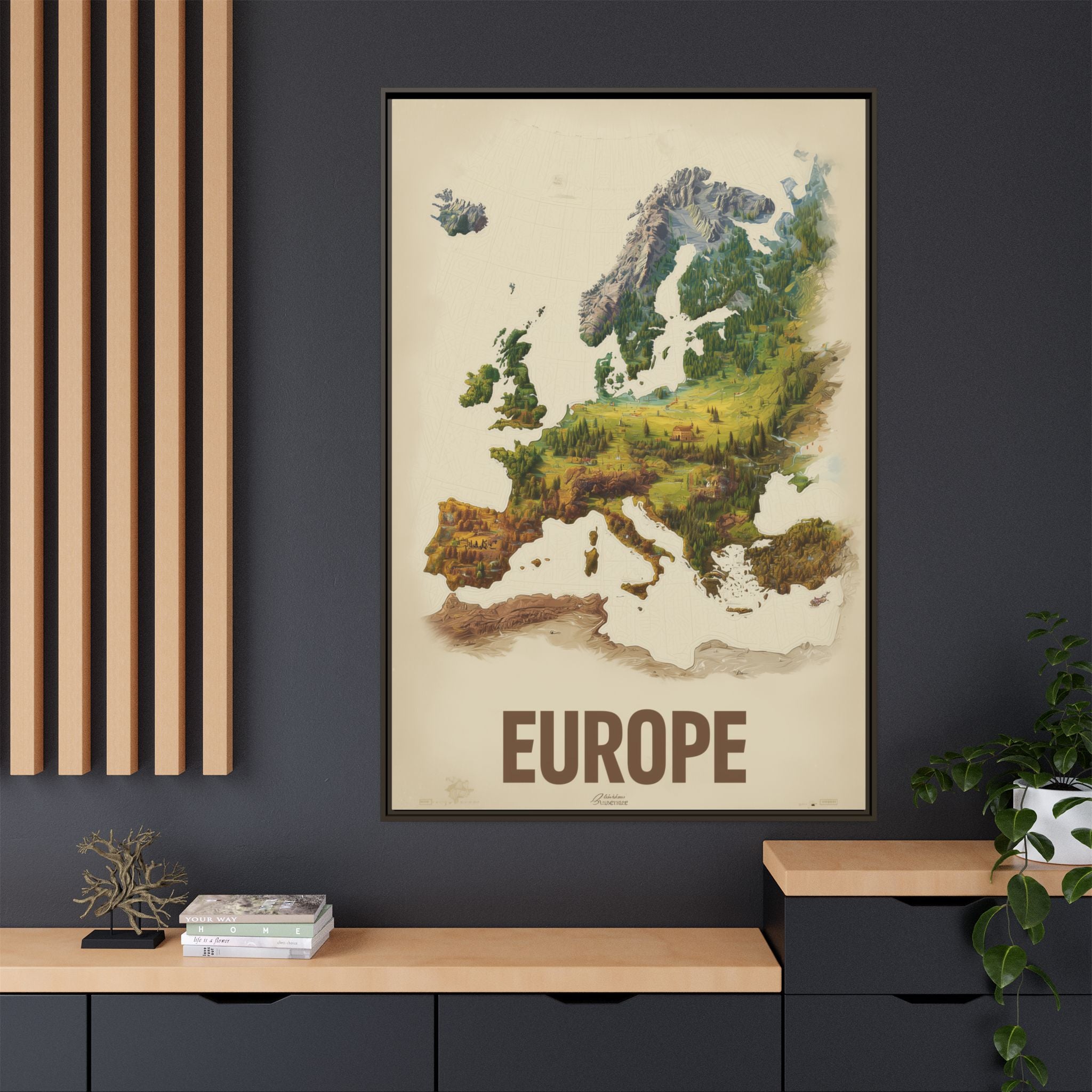 Framed Europe Map Canvas Print — Vintage Landscape Style Wall Art