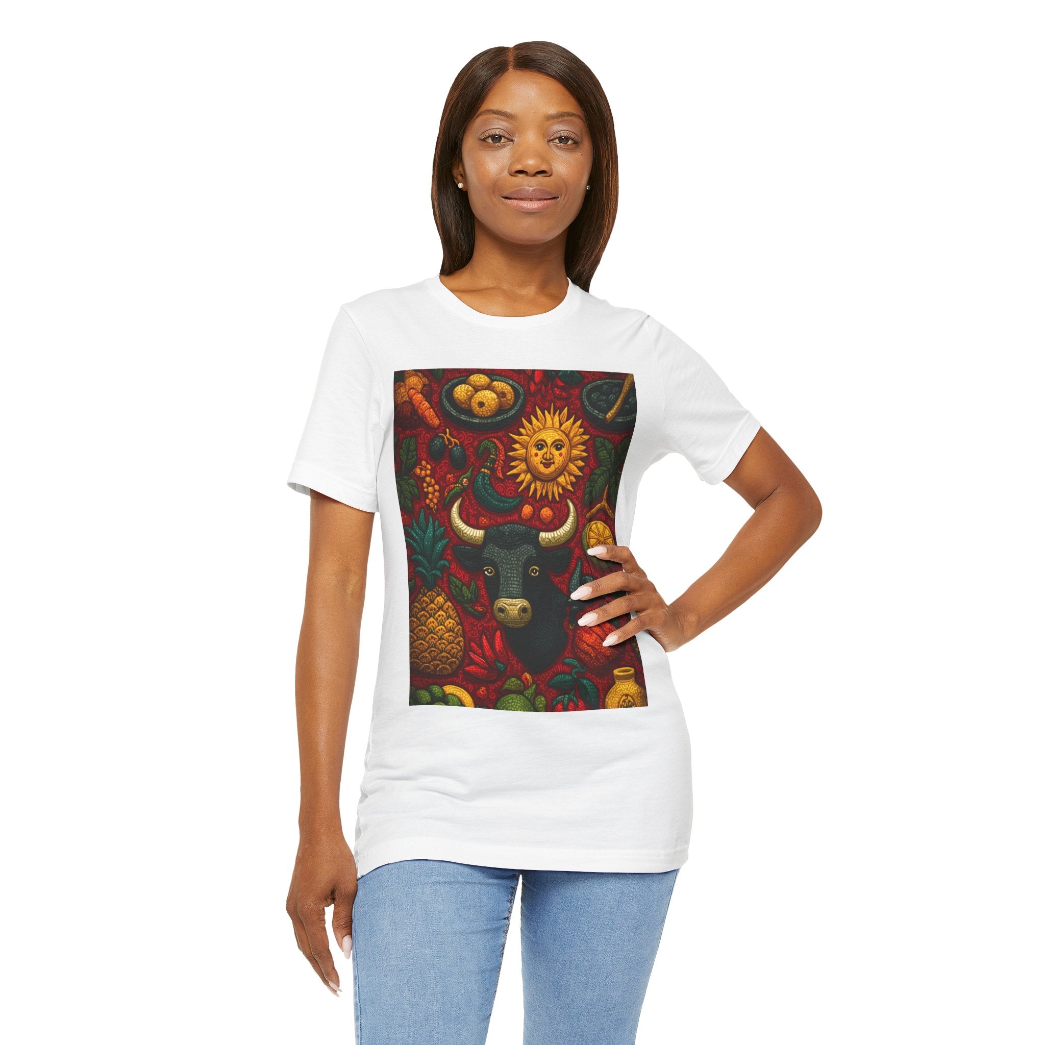 Vibrant Bull & Sun Graphic Tee, bohemian t-shirt, art-inspired top, zodiac apparel, gift for Taurus
