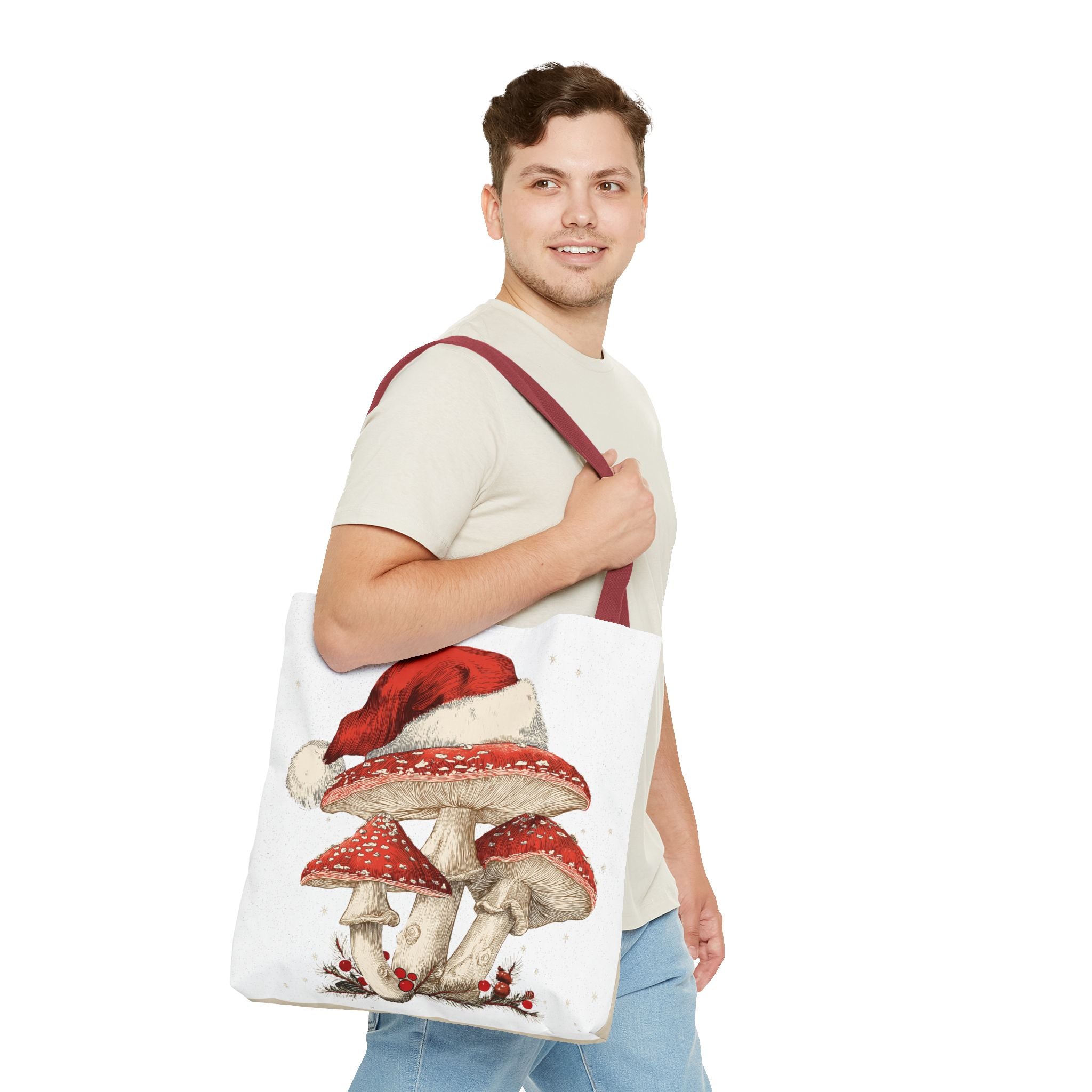 Whimsical Mushroom Christmas Tote Bag (AOP)  |  Stoner Gifts , Magic Mushrooms