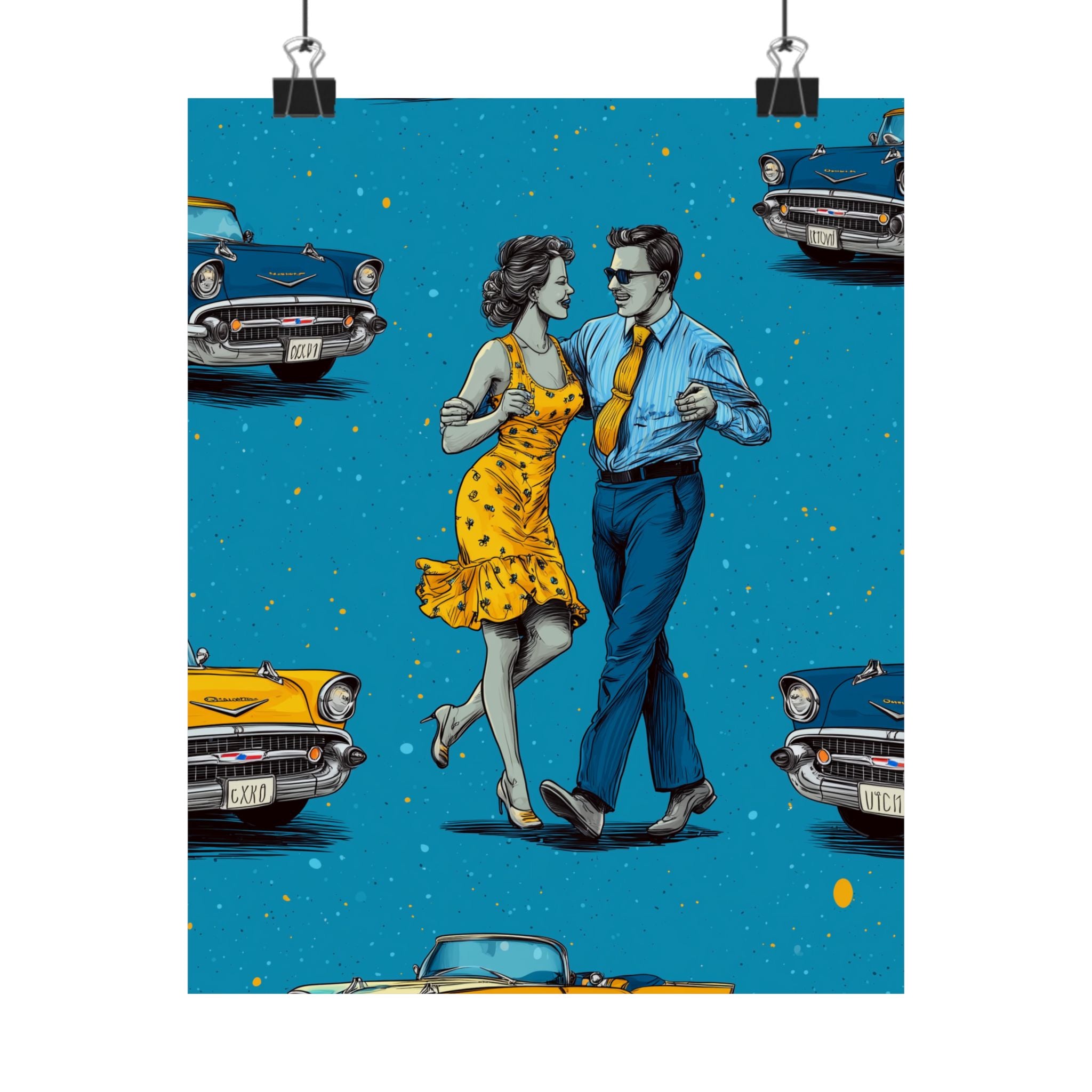 Retro Cuba Cuban Salsa Dance Poster, Vintage Wall Art, 1950s Decor, Blue Car Art, Nostalgic Home Decoration