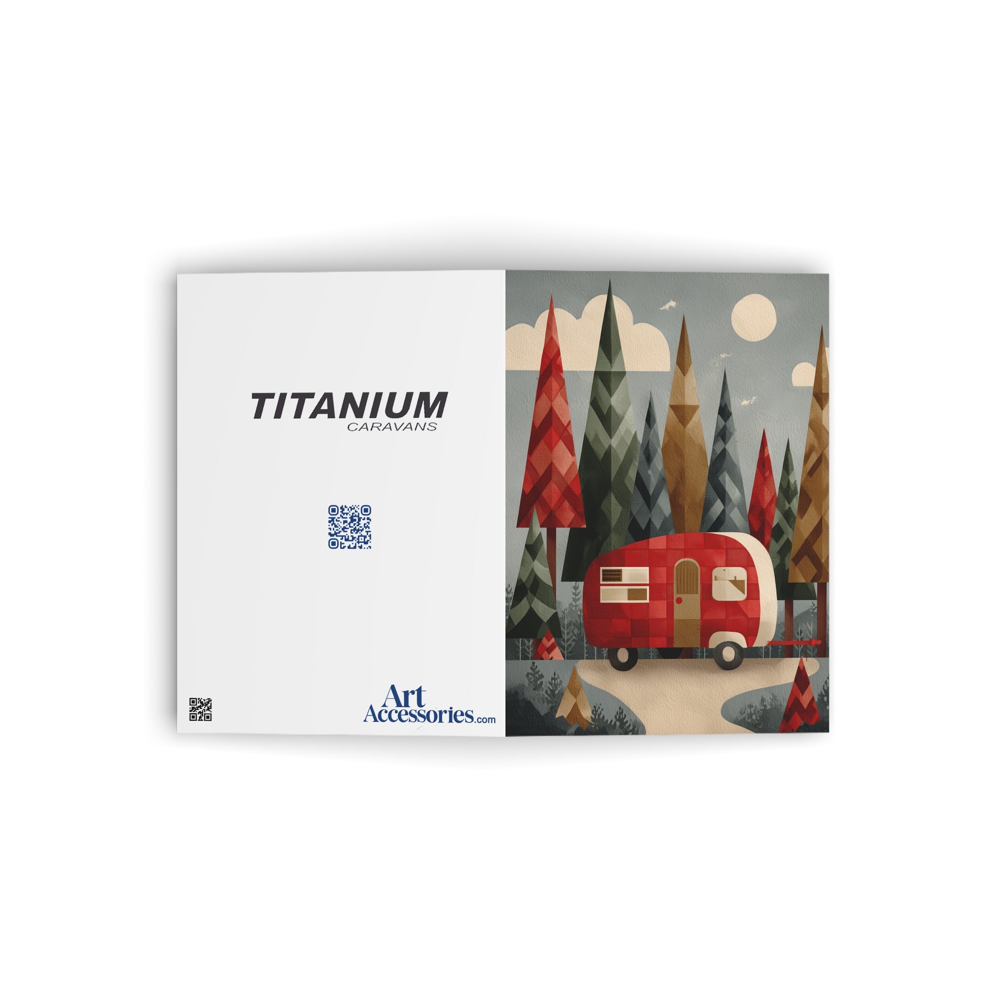 Camping Caravan Greeting Card — Retro Camper & Pine Trees Note Card