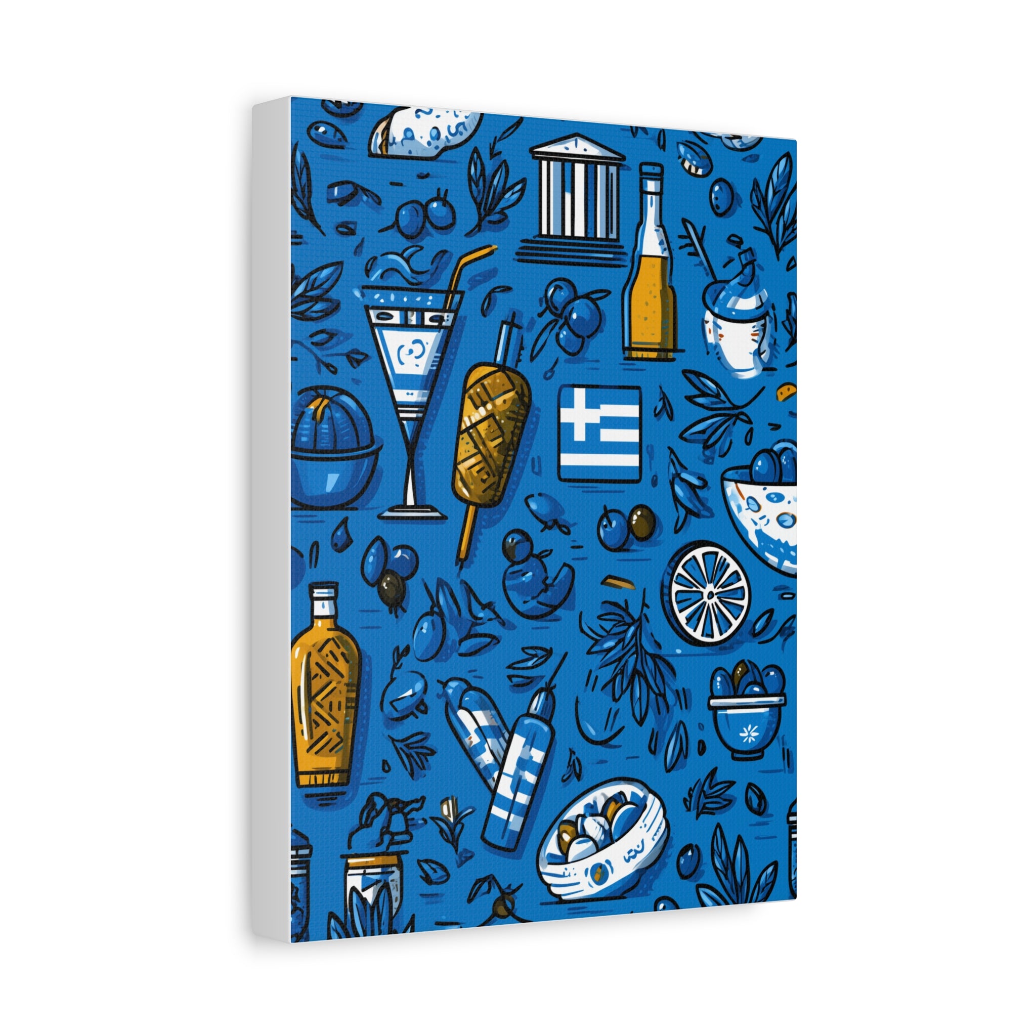Vibrant Canvas Wall Art, Blue Mediterranean Theme, Kitchen Decor, Greek Party Decor, Olive and Drink Motif