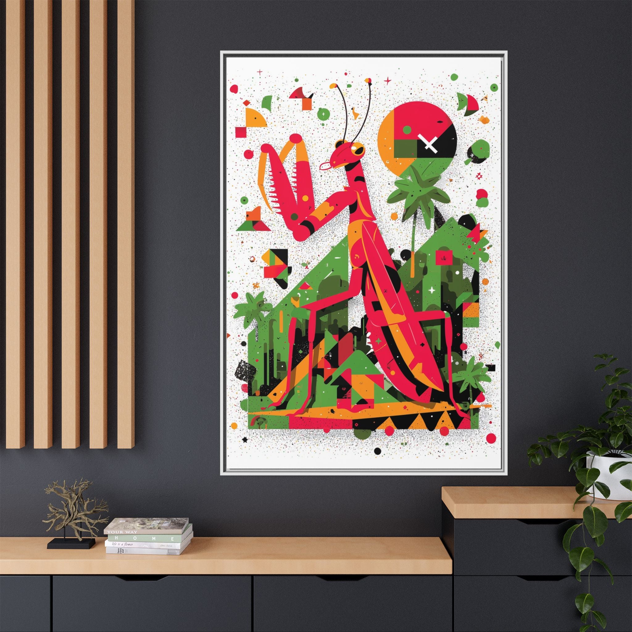 Praying Mantis in Bloom: Geometric Insect Portrait, Abstract Digital Illustration   |    Custom Orders Available