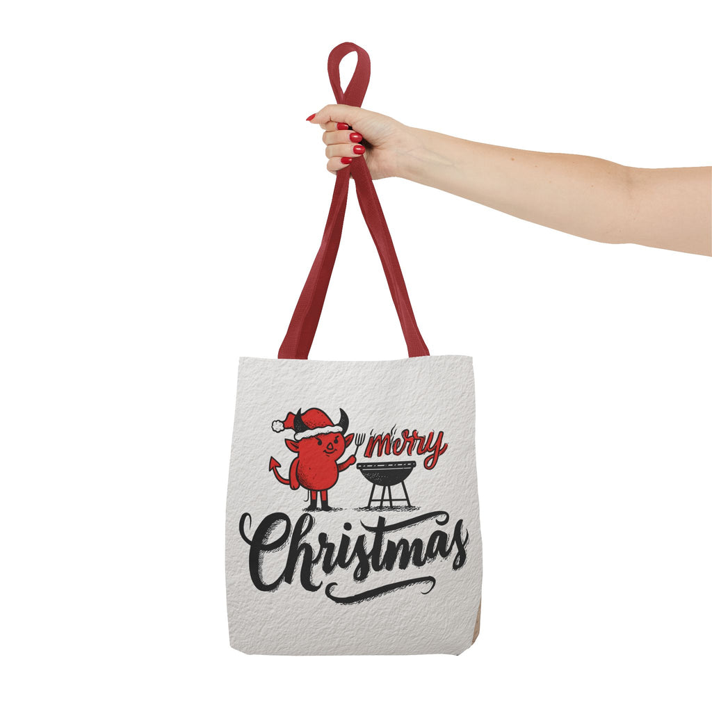 Festive Tote Bag, Christmas Gift, Holiday Shopping Bag, Red Devil BBQ Design, Merry Christmas Tote