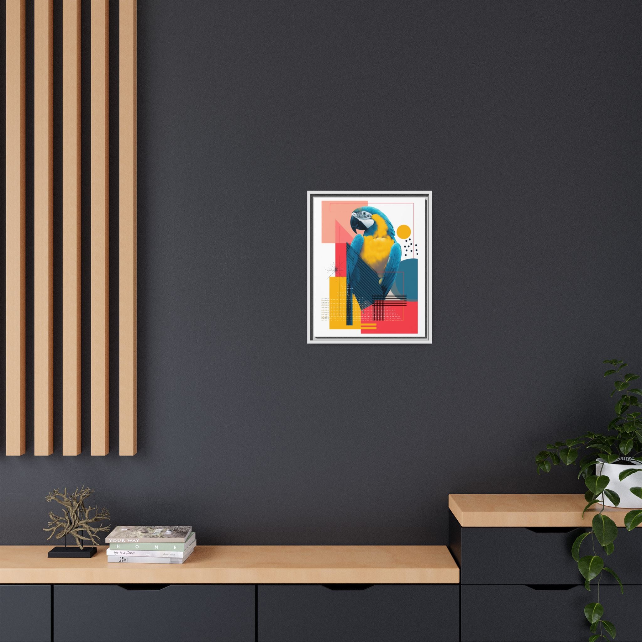 Prismatic Parrot Framed Print: Blue and Yellow Macaw in Geometric Space, Digital Art Composition   |  Personalized & Custom Orders Available