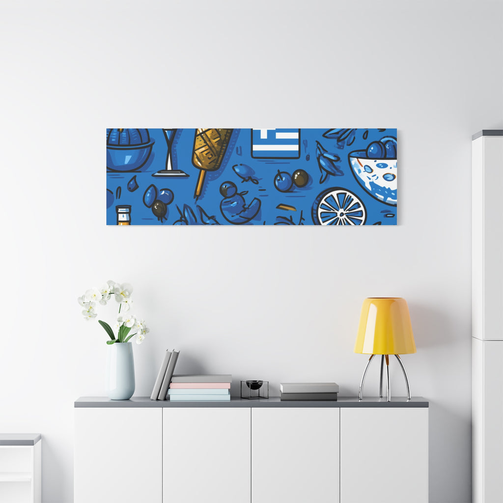 Vibrant Canvas Wall Art, Blue Mediterranean Theme, Kitchen Decor, Greek Party Decor, Olive and Drink Motif