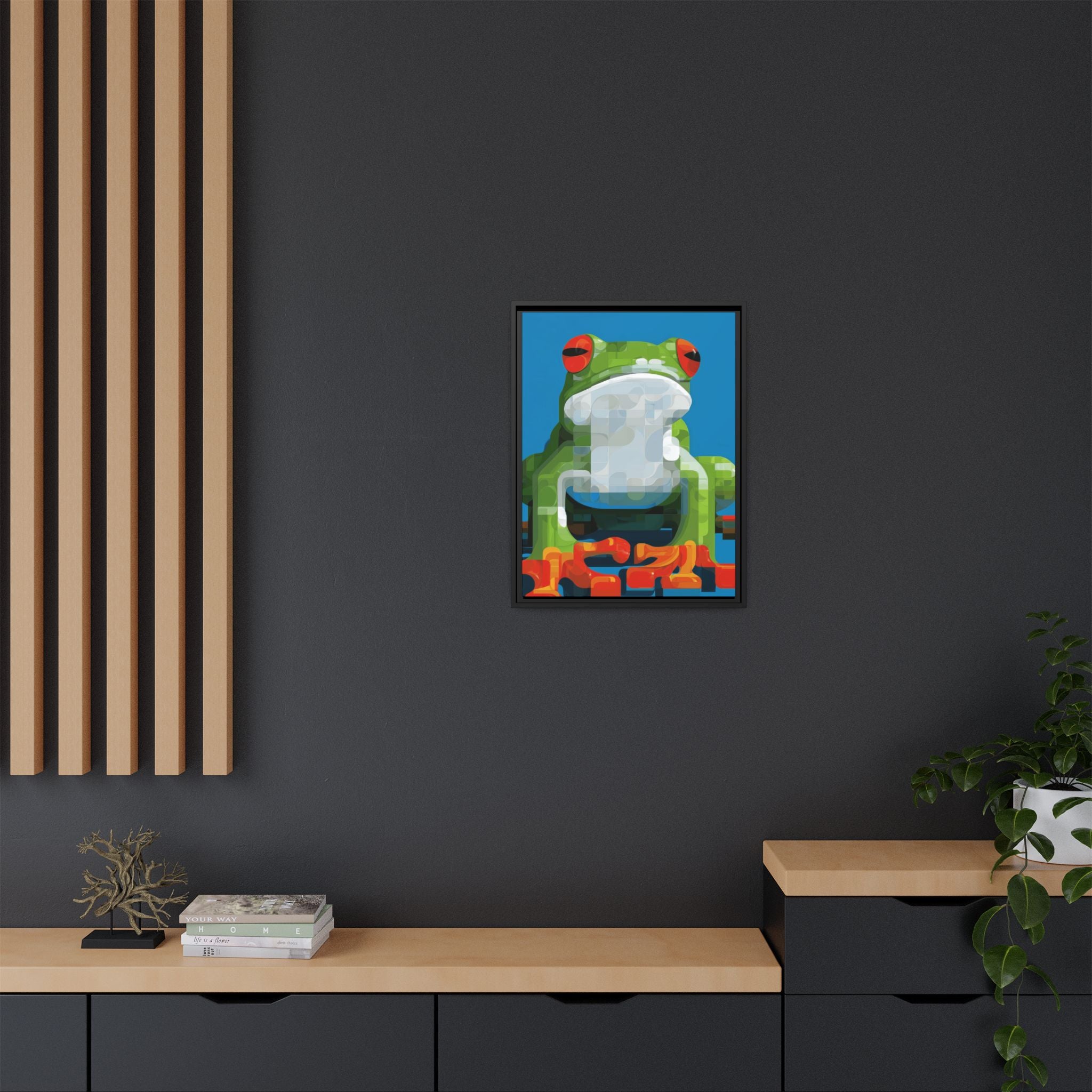 Pixel Frog Framed Print : Geometric Digital Art, Mosaic Amphibian Portrait   |  Personalized & Custom Orders Available