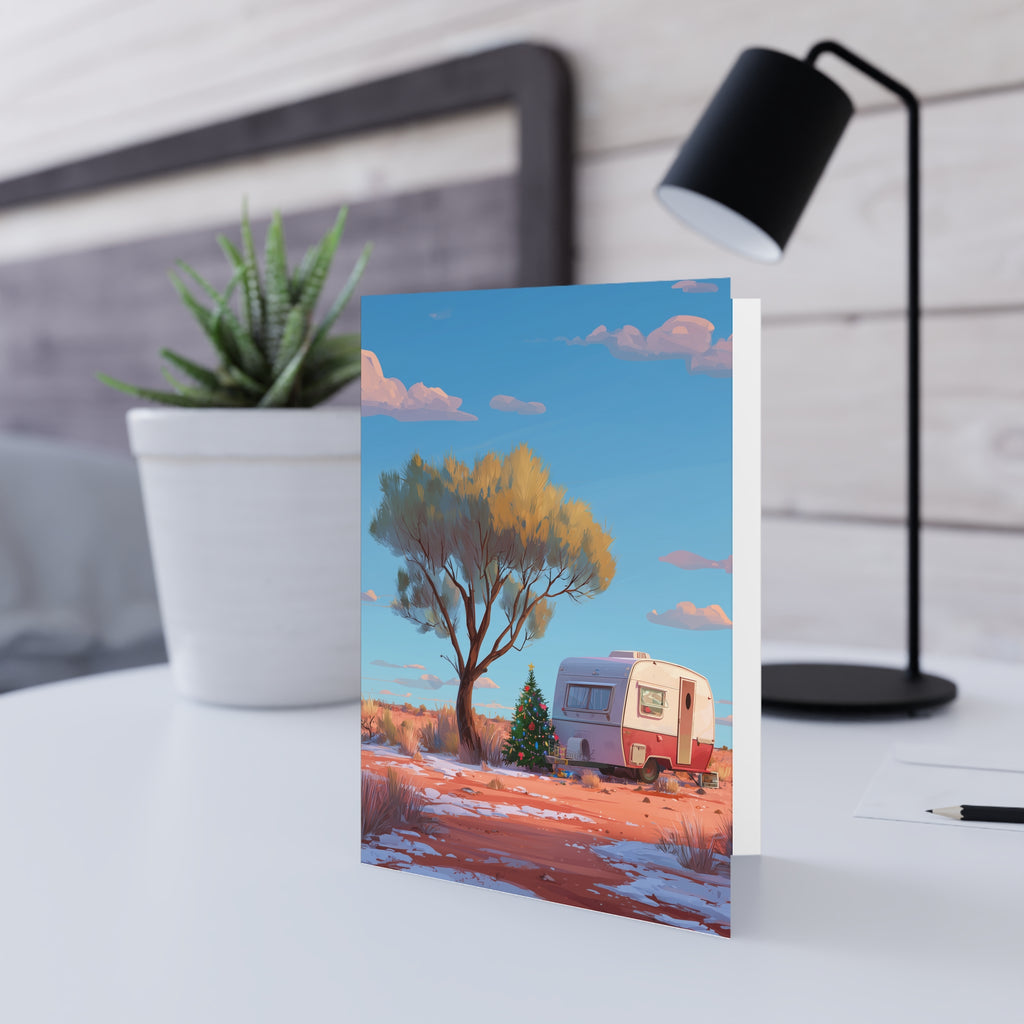 Camping Caravan Greeting Card — Retro Camper & Pine Trees Note Card