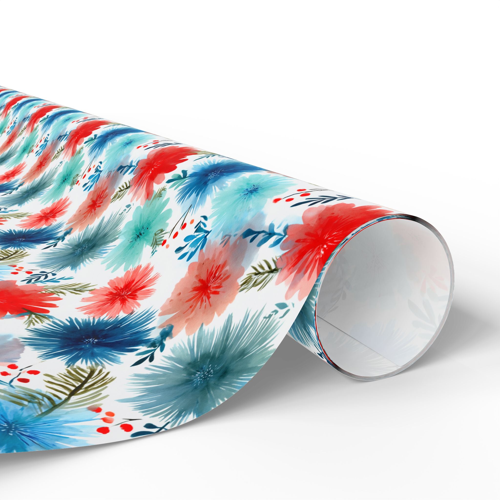 Wrapping Paper — Watercolor Floral Holiday Pattern (Red, Teal, Pine Sprigs)