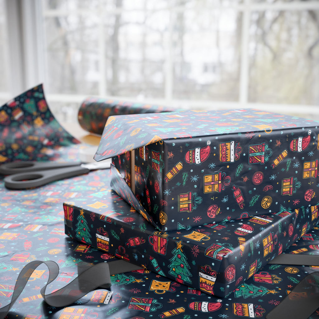 Holiday Gift Wrapping Paper Roll – Dark Christmas Icons Pattern (Trees, Presents, Stockings)