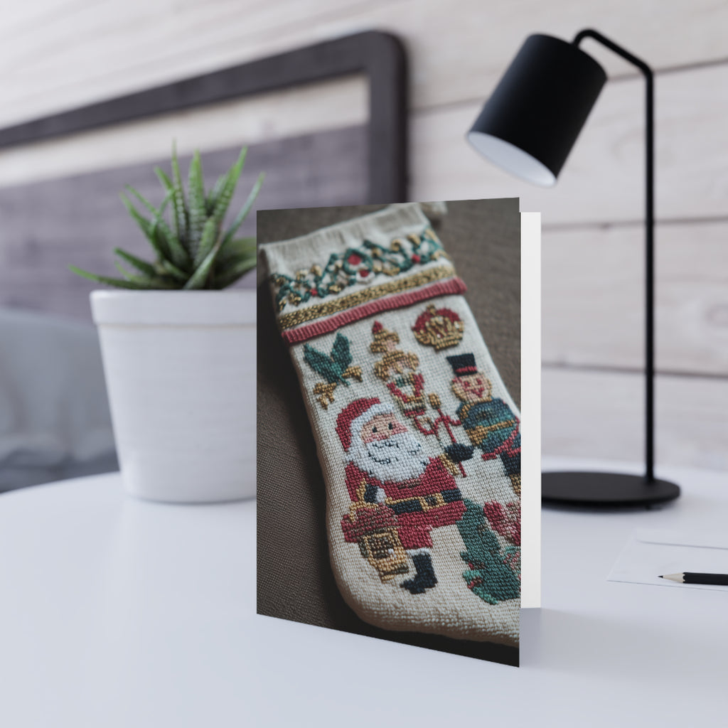 Christmas Stocking Greeting Card — Vintage Santa & Nutcracker Holiday Card