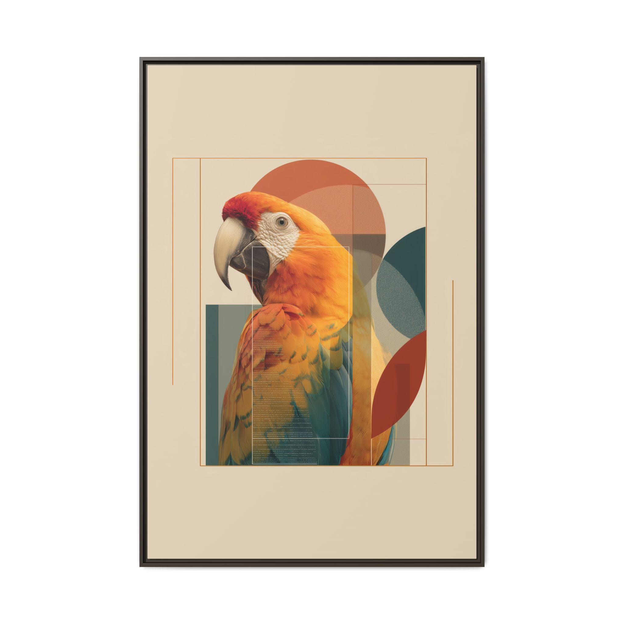 Scarlet Symphony: Macaw in Geometric Abstraction, Modern Graphic Design Artwork   |    Custom Orders Available