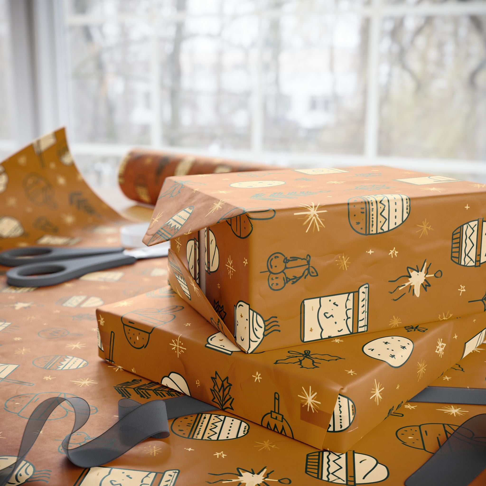 Wrapping Paper Roll — Cozy Brown Holiday Pattern with Mittens & Pine Sprigs
