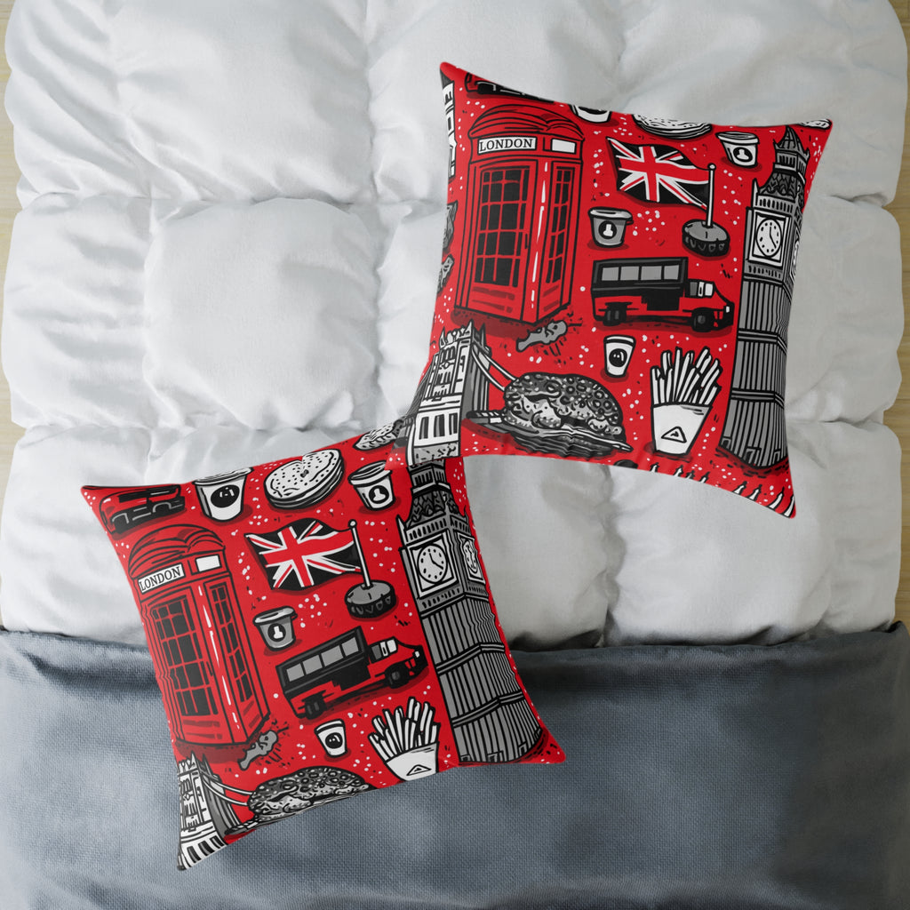 London-Themed Square Poly Canvas Pillow, Unique Home Decor, Cozy Cushion for Travel Lovers, British Inspired Design, Gift for Her