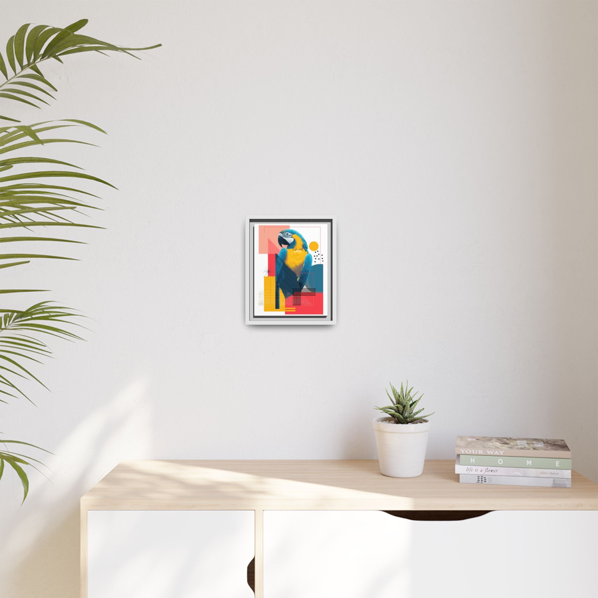 Prismatic Parrot Framed Print: Blue and Yellow Macaw in Geometric Space, Digital Art Composition   |  Personalized & Custom Orders Available