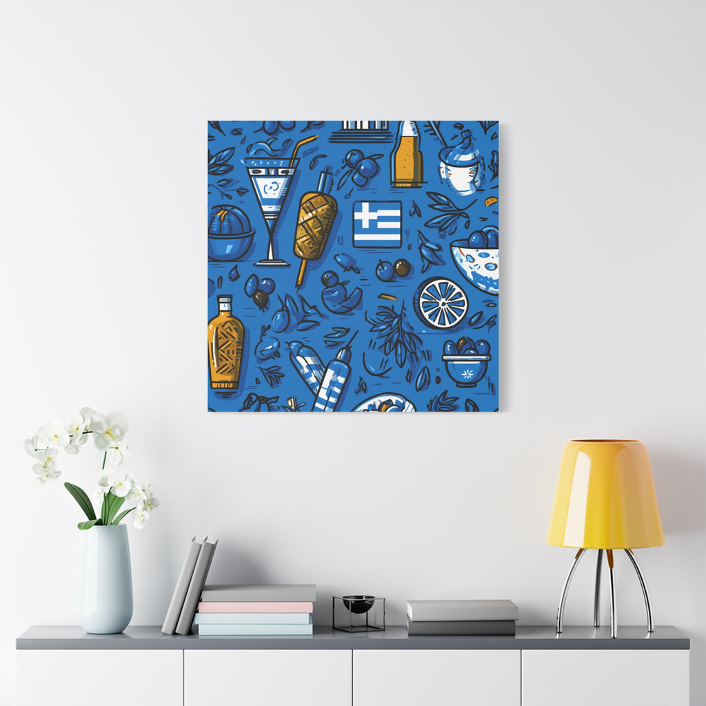 Vibrant Canvas Wall Art, Blue Mediterranean Theme, Kitchen Decor, Greek Party Decor, Olive and Drink Motif