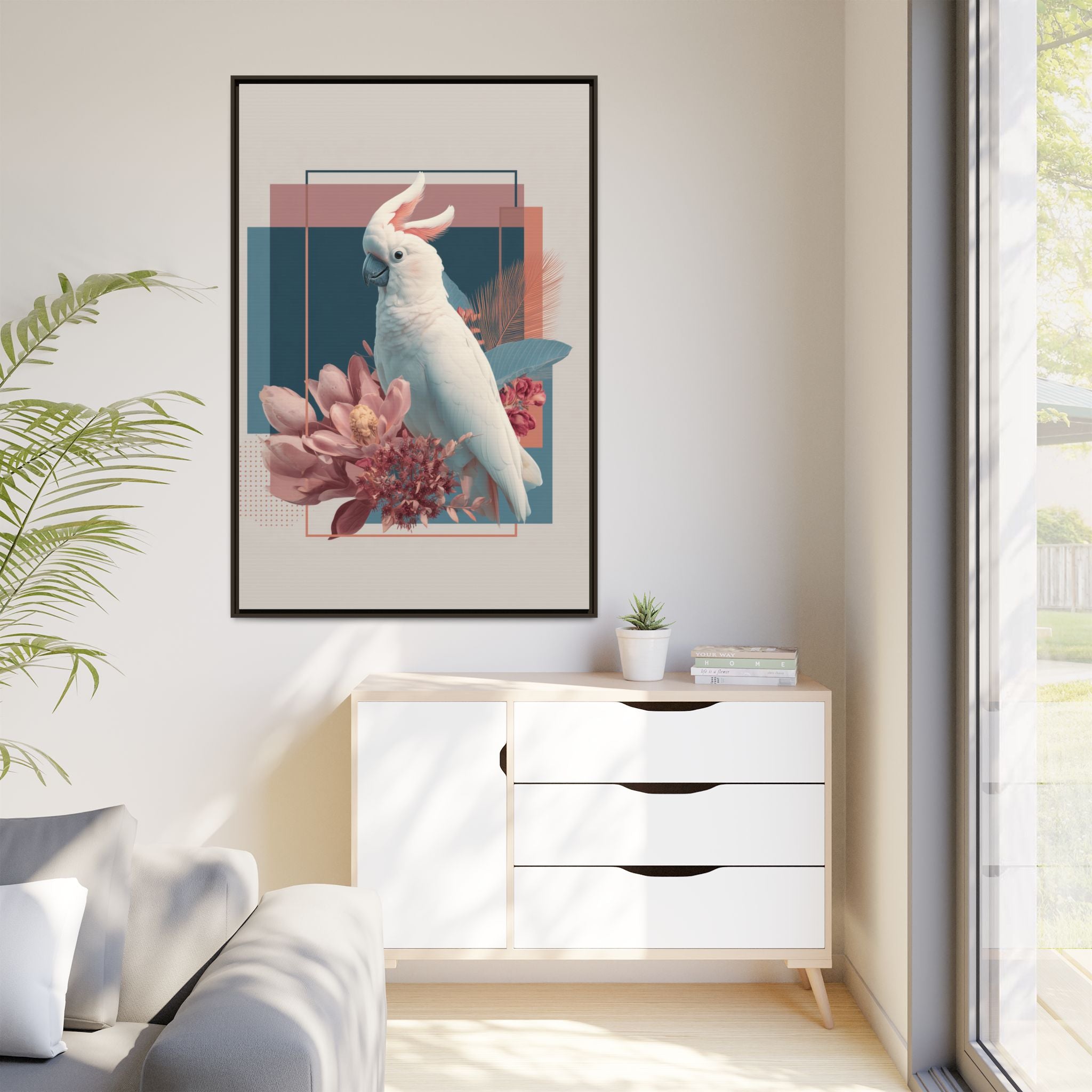 Cockatoo Geometric Framed Print : Modern Wildlife Illustration, Geometric Botanical Fusion   |  Personalized & Custom Orders Available