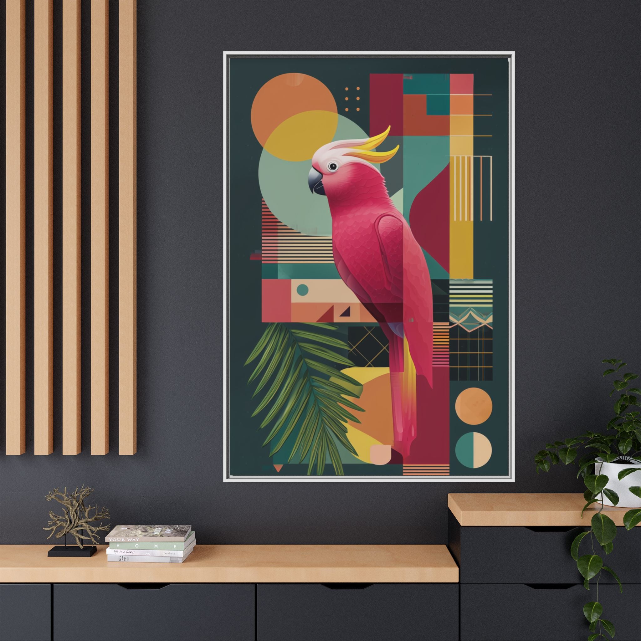 Cockatoo in Geometric Bloom: Mid-Century Modern Art, Tropical Abstract Design   |    Custom Orders Available