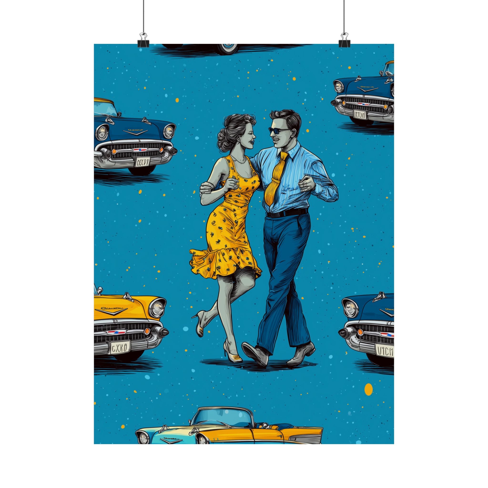 Retro Cuba Cuban Salsa Dance Poster, Vintage Wall Art, 1950s Decor, Blue Car Art, Nostalgic Home Decoration