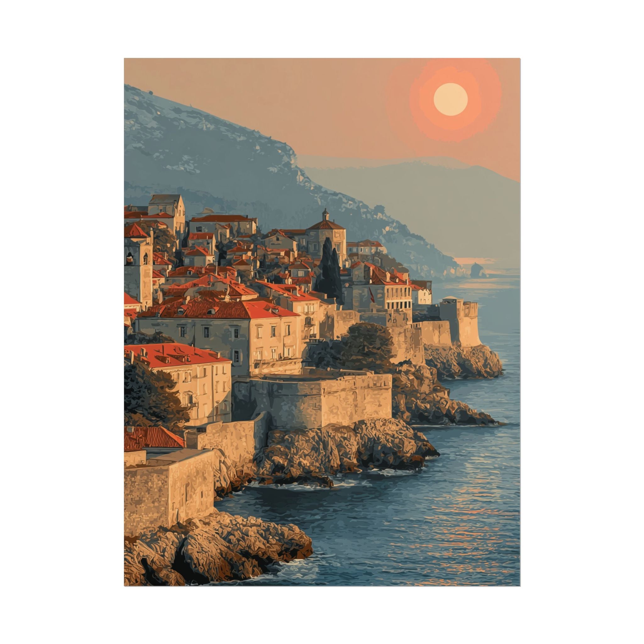 Dubrovnik's Golden Hour: Medieval Coastal Cityscape, Adriatic Sunset Panorama   |    Custom Orders Available