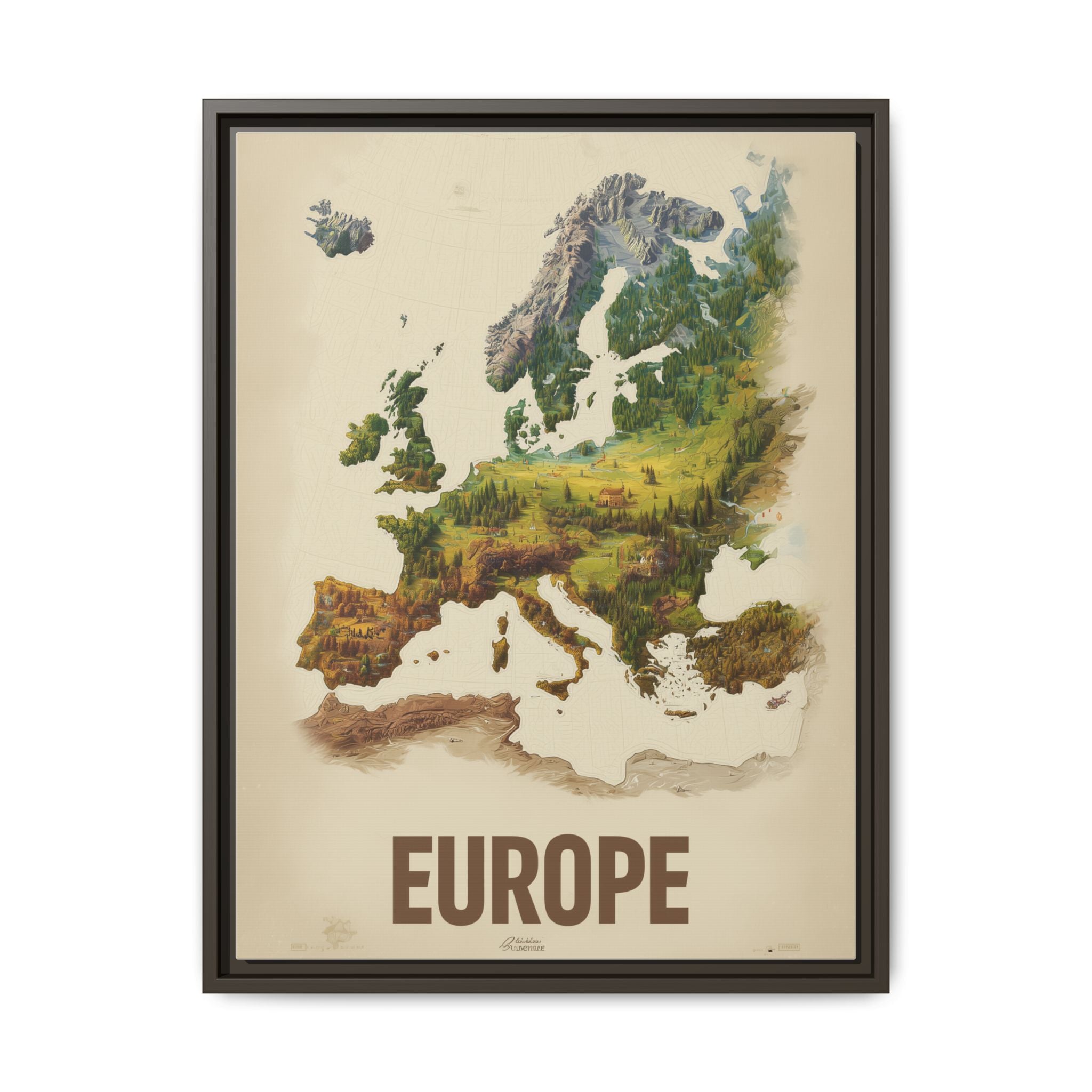 Framed Europe Map Canvas Print — Vintage Landscape Style Wall Art