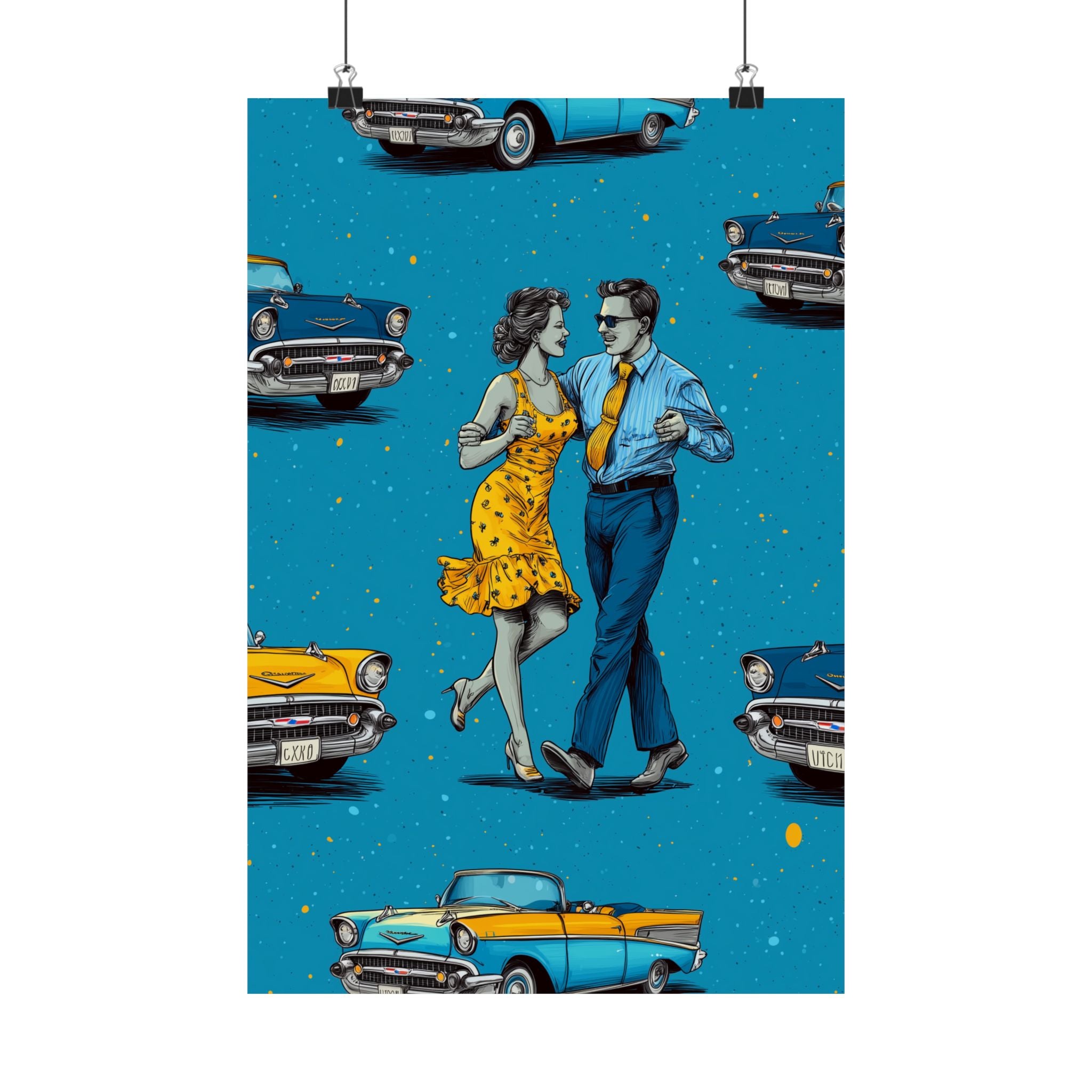 Retro Cuba Cuban Salsa Dance Poster, Vintage Wall Art, 1950s Decor, Blue Car Art, Nostalgic Home Decoration