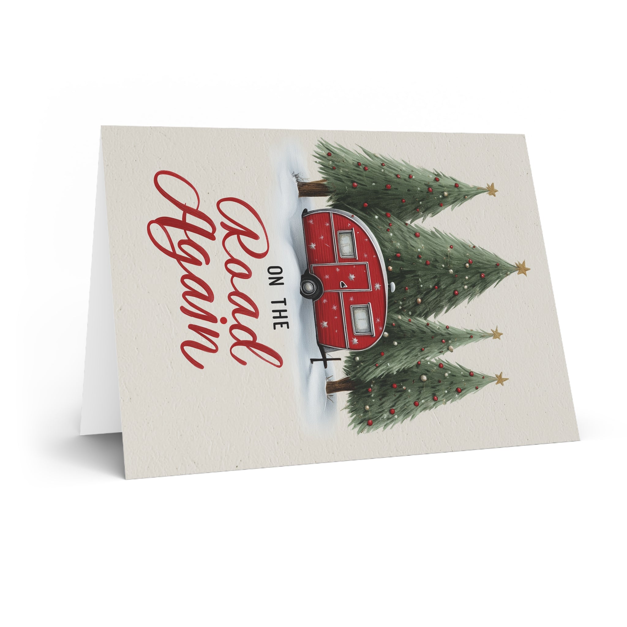Camping Caravan Greeting Card — Retro Camper & Pine Trees Note Card