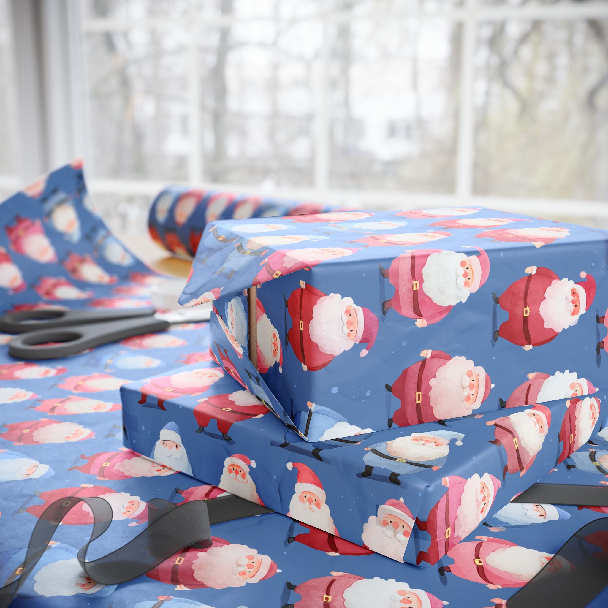 Santa Pattern Wrapping Paper Roll — Festive Blue Christmas Gift Wrap