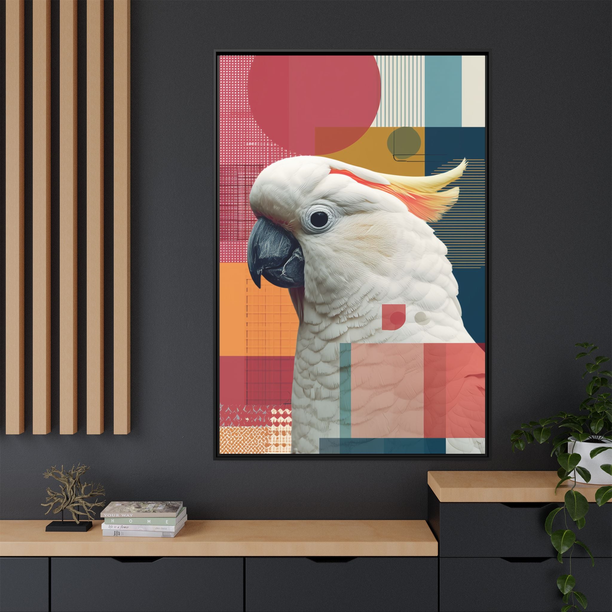 Framed Print, Cockatoo Abstract Geometric Wall Art, Matte Canvas, Colorful Bird Poster, Modern Home Decor, Tropical Animal Painting, Unique