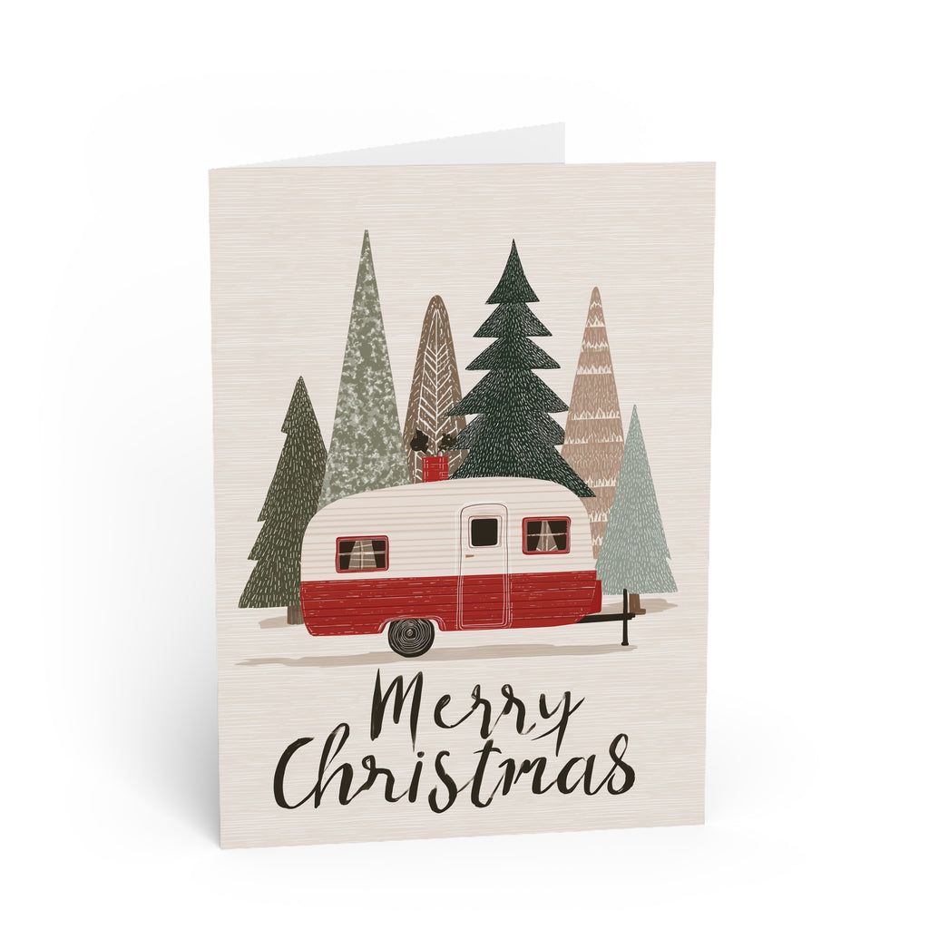 Camping Caravan Greeting Card — Retro Camper & Pine Trees Note Card