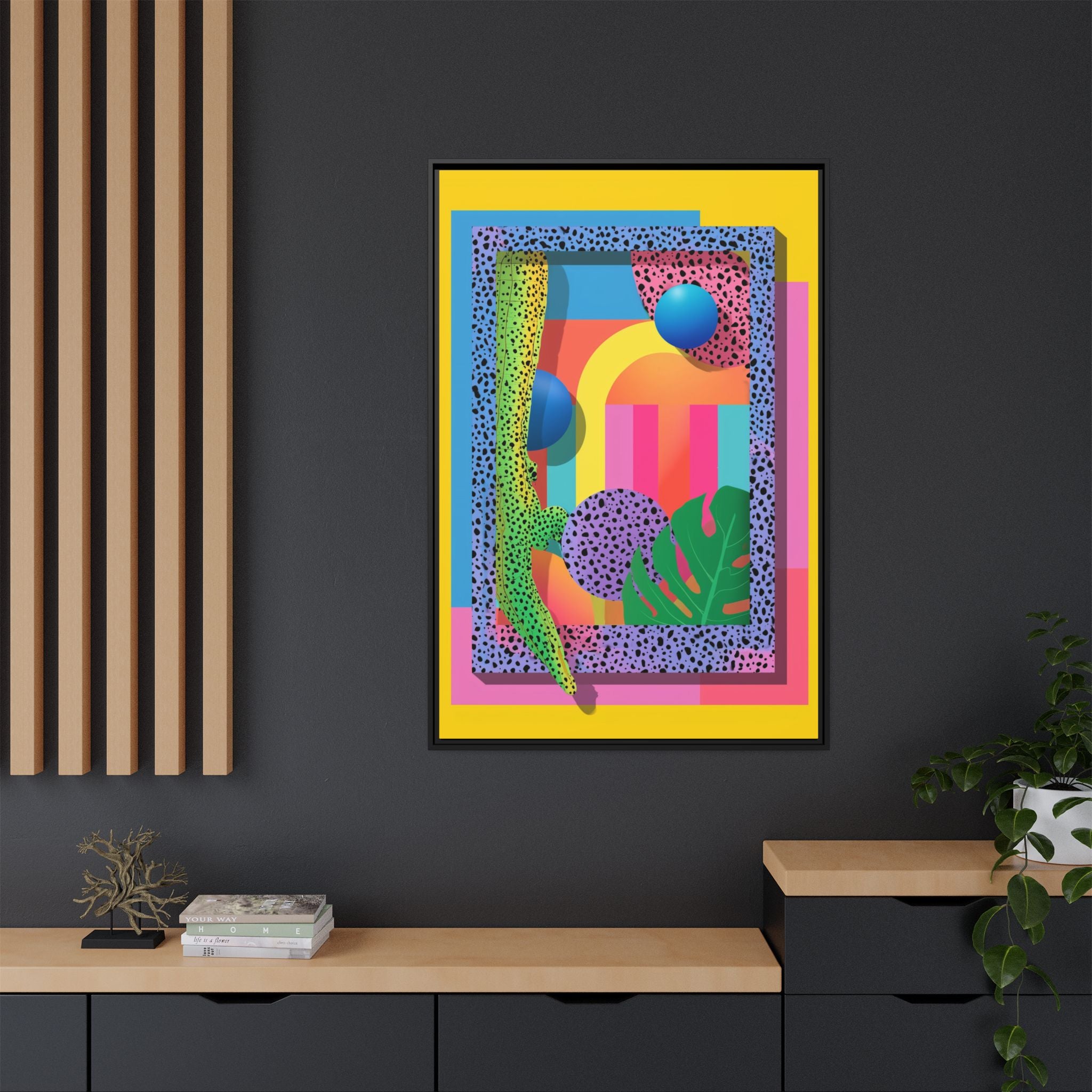 Geometric Rhythms: Abstract Layers of Color, Dimensional Shapes and Tropical Elements, Vibrant Modern Art Composition   |   Custom Orders