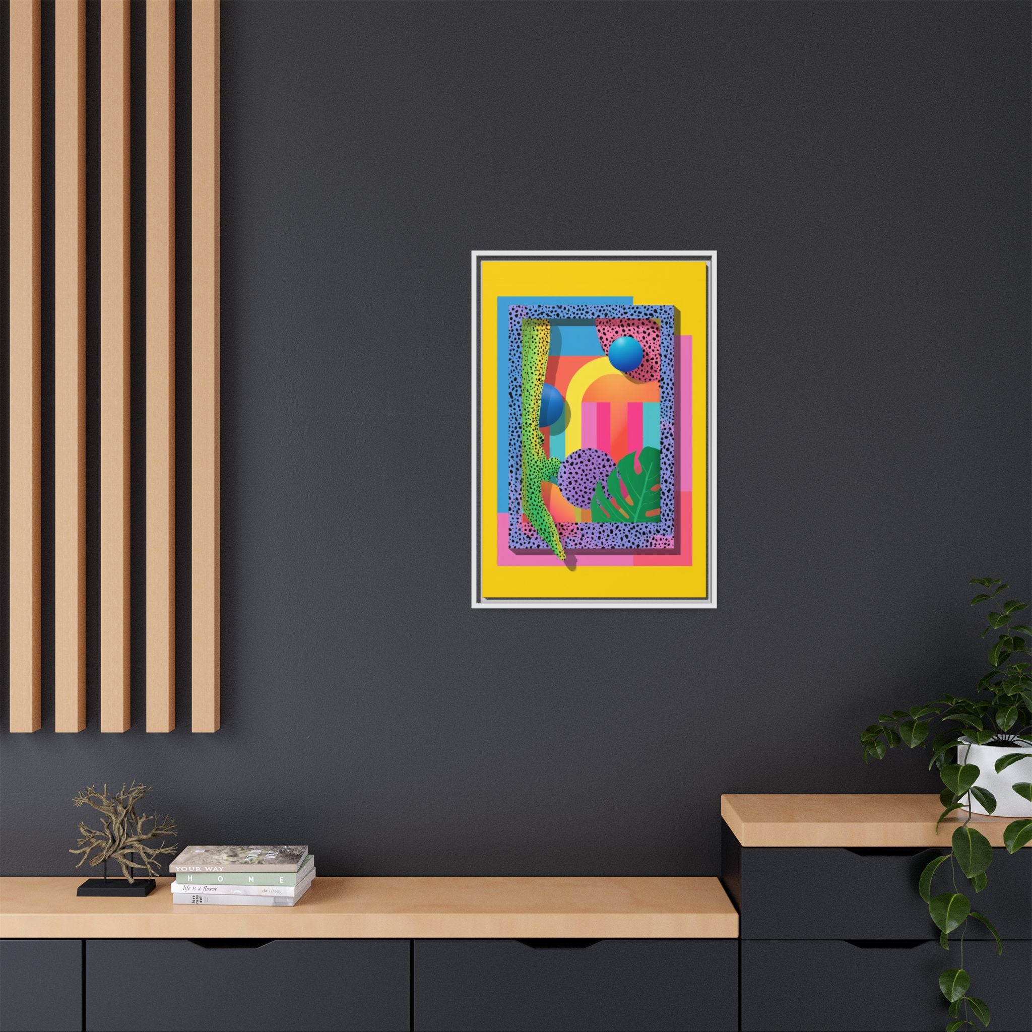Geometric Rhythms: Abstract Layers of Color, Dimensional Shapes and Tropical Elements, Vibrant Modern Art Composition   |   Custom Orders