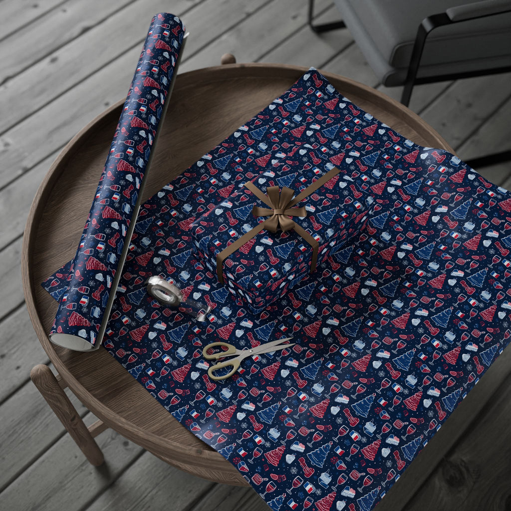 Wrapping Paper Roll French Themed— Festive Cozy Socks & Sweaters Pattern, Navy Holiday Gift Wrap